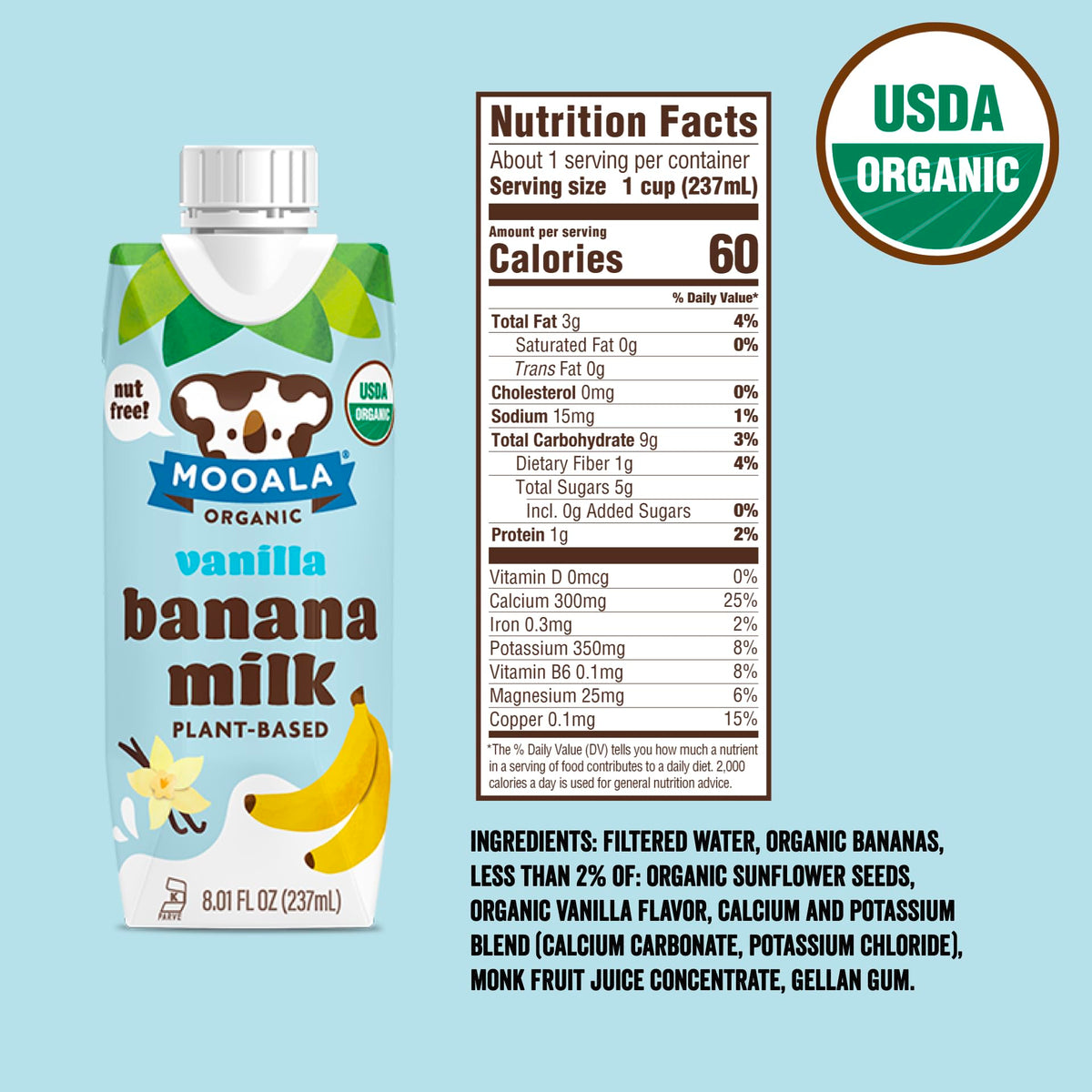 Mooala Organic Vanilla Bananamilk – Nut-Free, Shelf-Stable Plant-Based Beverage (12 Pack)