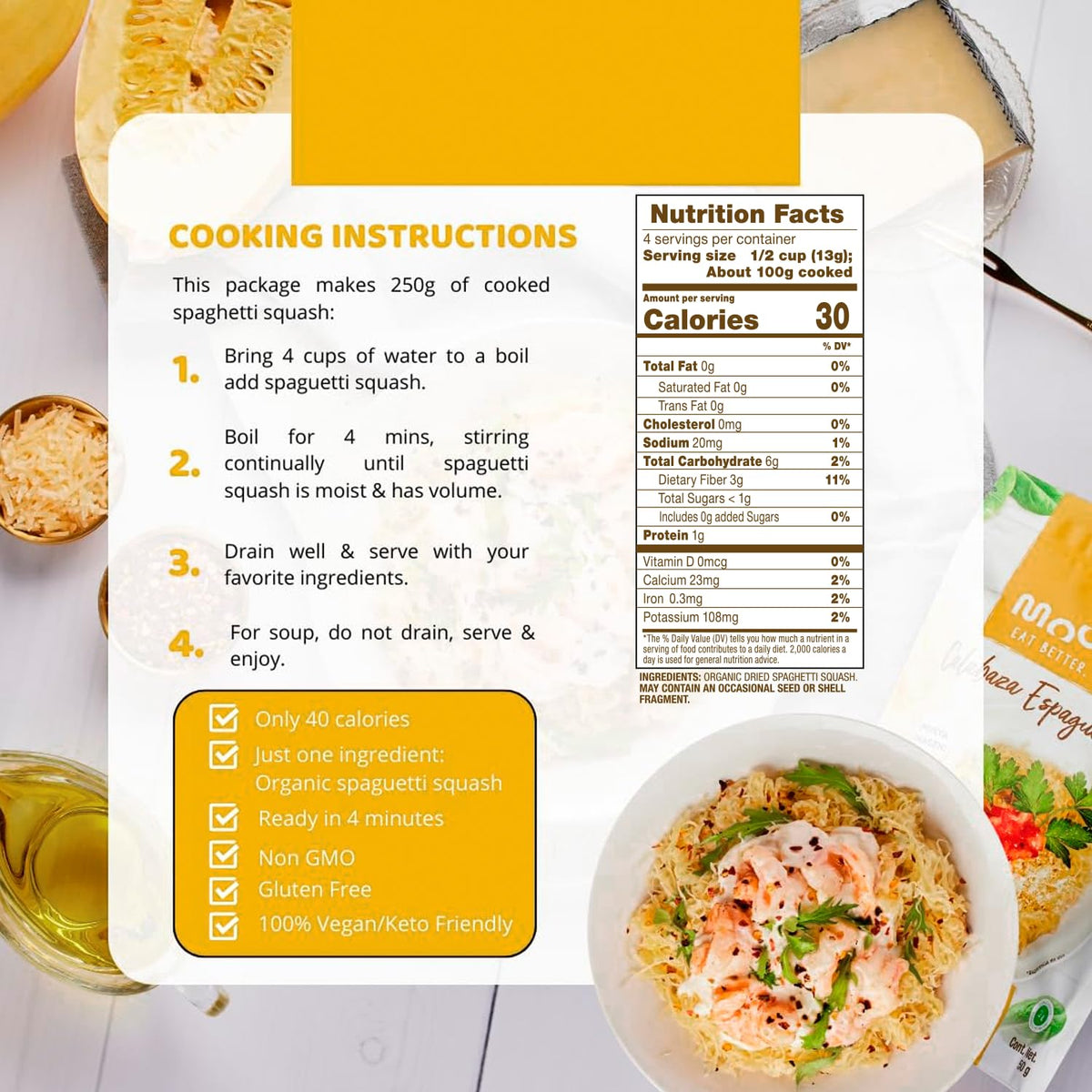 Moonrise Organic Spaghetti Squash Pasta – 1.76 oz Dry, Expands to 12 oz