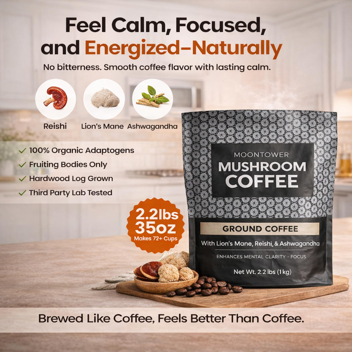 Moontower Adaptogen Mushroom Coffee Ground – Organic Lion’s Mane, Reishi & Ashwagandha | Medium Roast Nicaraguan Beans, 35 oz