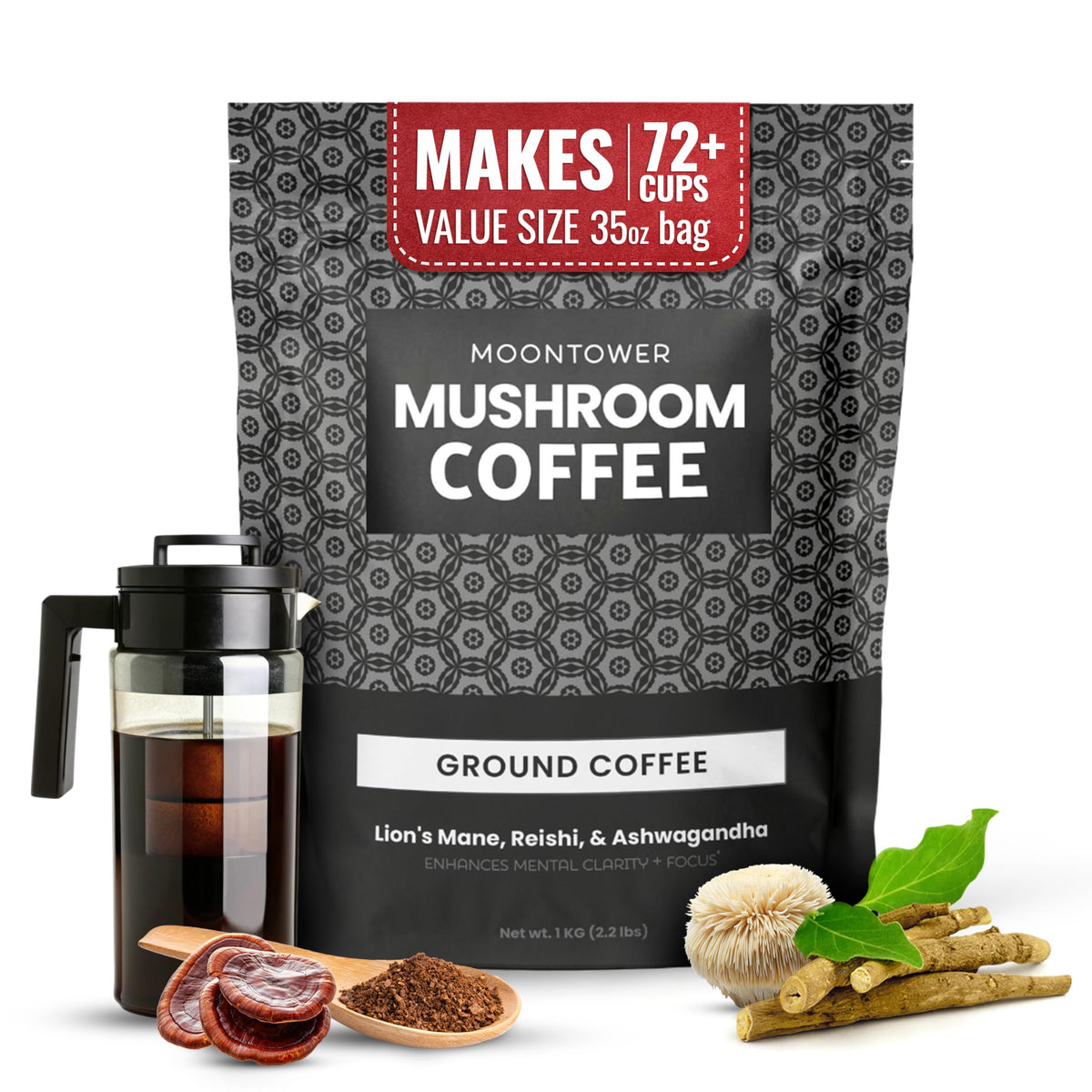 Moontower Adaptogen Mushroom Coffee Ground – Organic Lion’s Mane, Reishi & Ashwagandha | Medium Roast Nicaraguan Beans, 35 oz