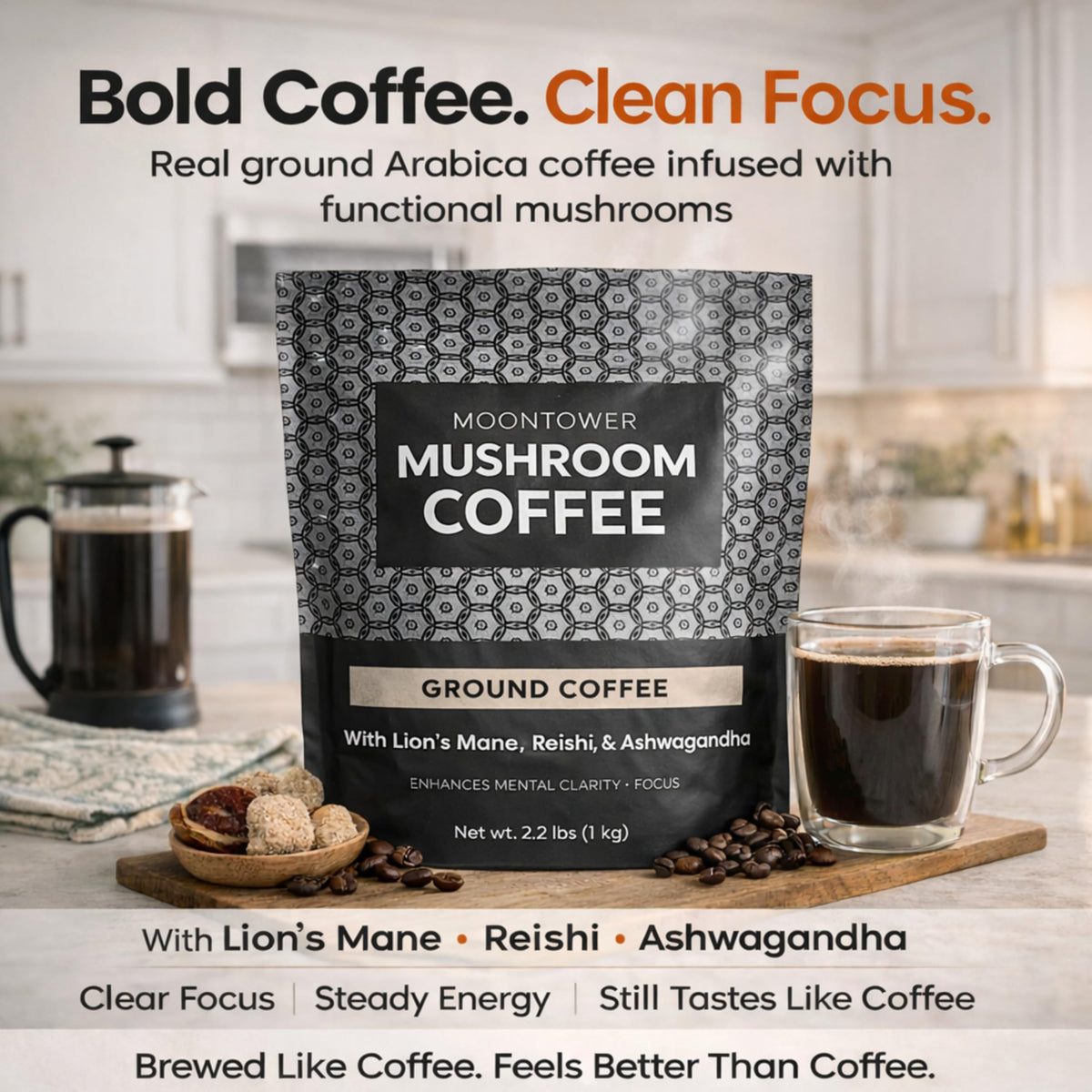 Moontower Adaptogen Mushroom Coffee Ground – Organic Lion’s Mane, Reishi & Ashwagandha | Medium Roast Nicaraguan Beans, 35 oz