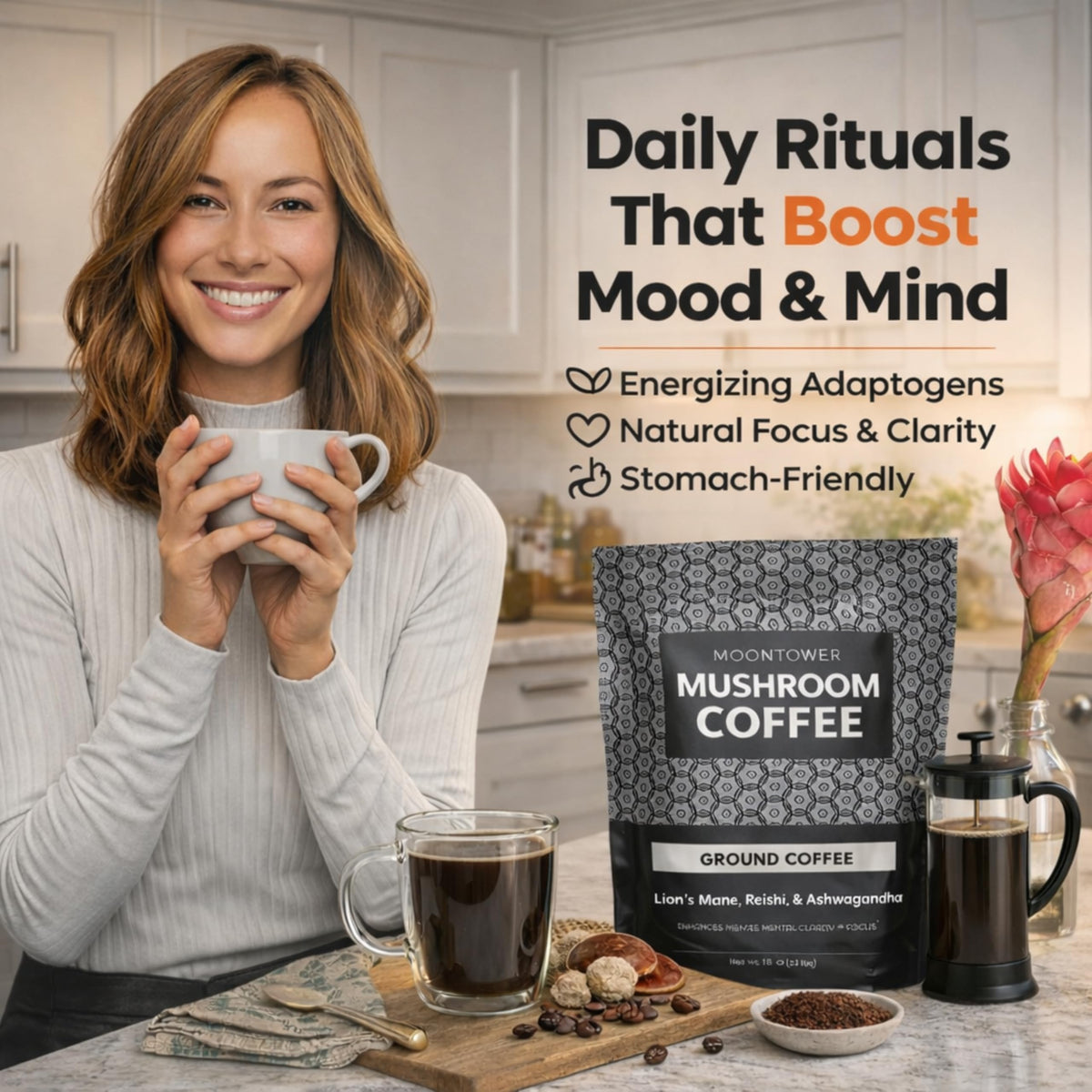 Moontower Adaptogen Mushroom Coffee Ground – Organic Lion’s Mane, Reishi & Ashwagandha | Medium Roast Nicaraguan Beans, 35 oz