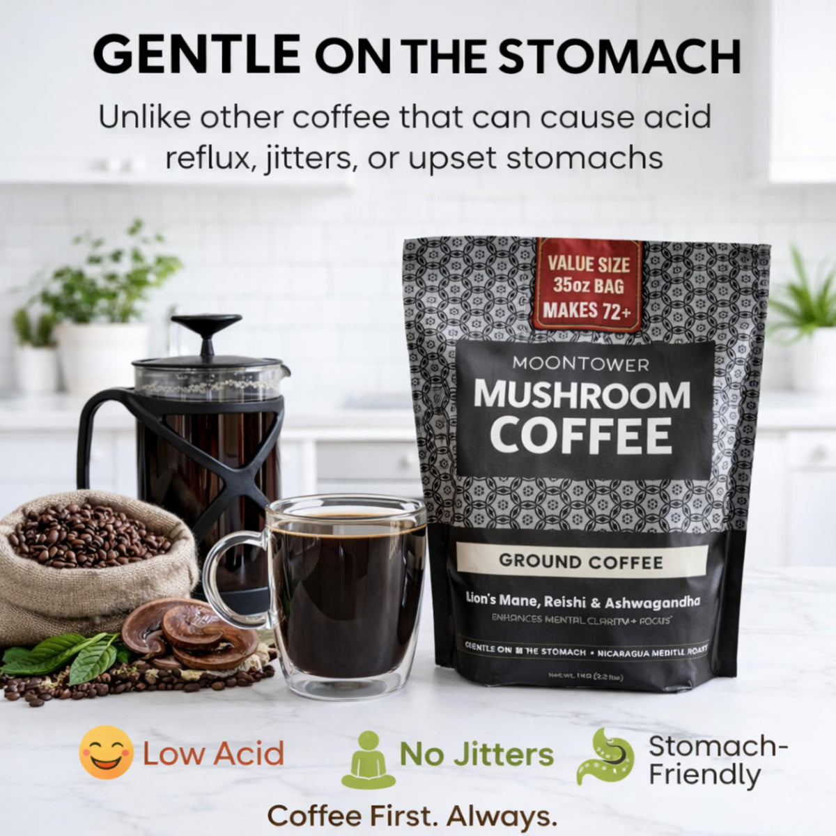 Moontower Adaptogen Mushroom Coffee Ground – Organic Lion’s Mane, Reishi & Ashwagandha | Medium Roast Nicaraguan Beans, 35 oz