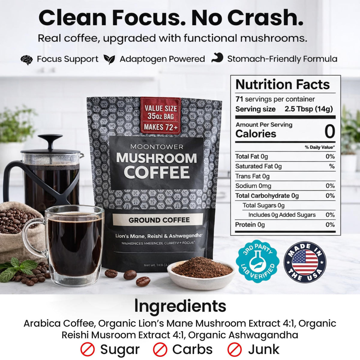 Moontower Adaptogen Mushroom Coffee Ground – Organic Lion’s Mane, Reishi & Ashwagandha | Medium Roast Nicaraguan Beans, 35 oz