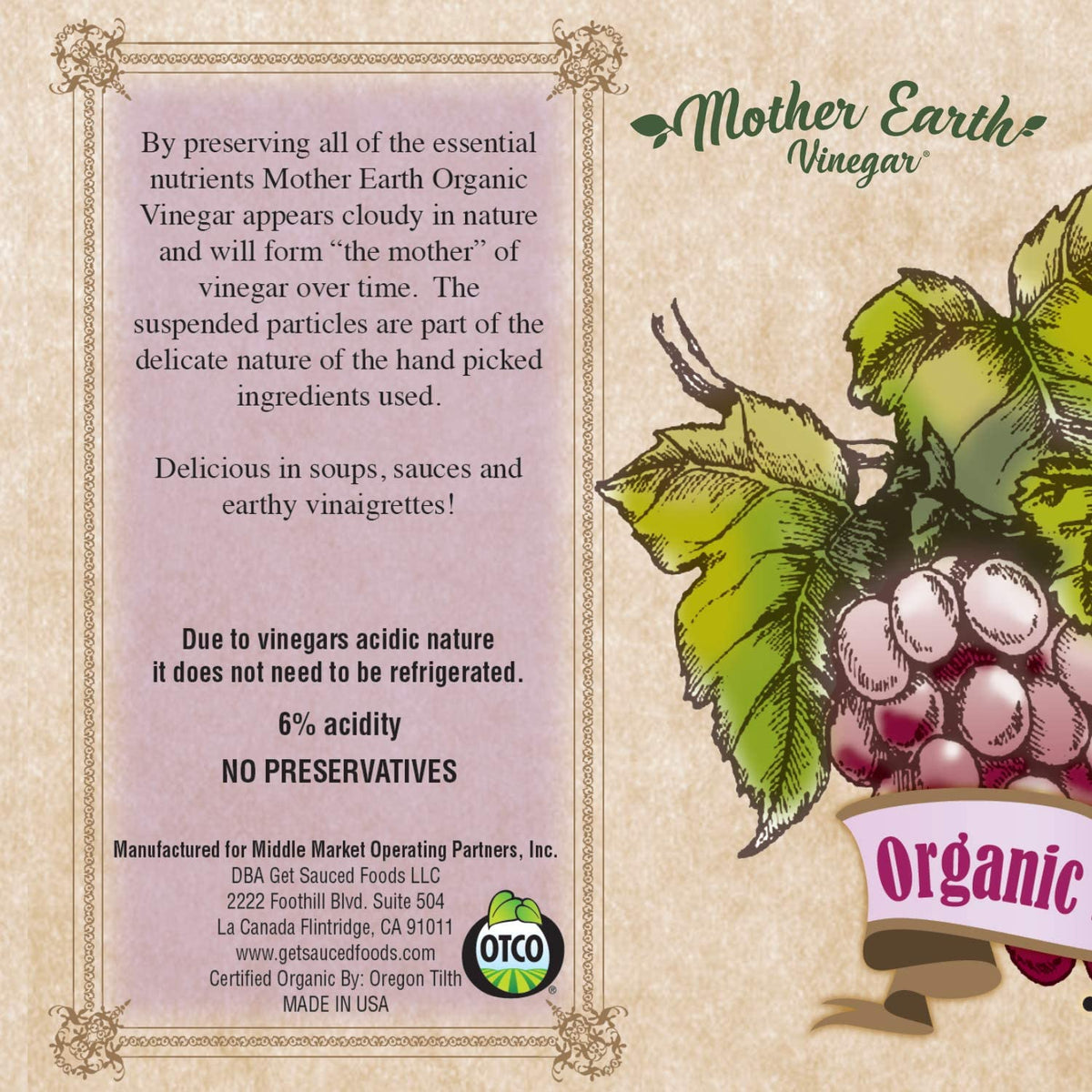 Mother Earth Organic Red Wine Vinegar with The Mother - Raw, Unfiltered, Unpasteurized