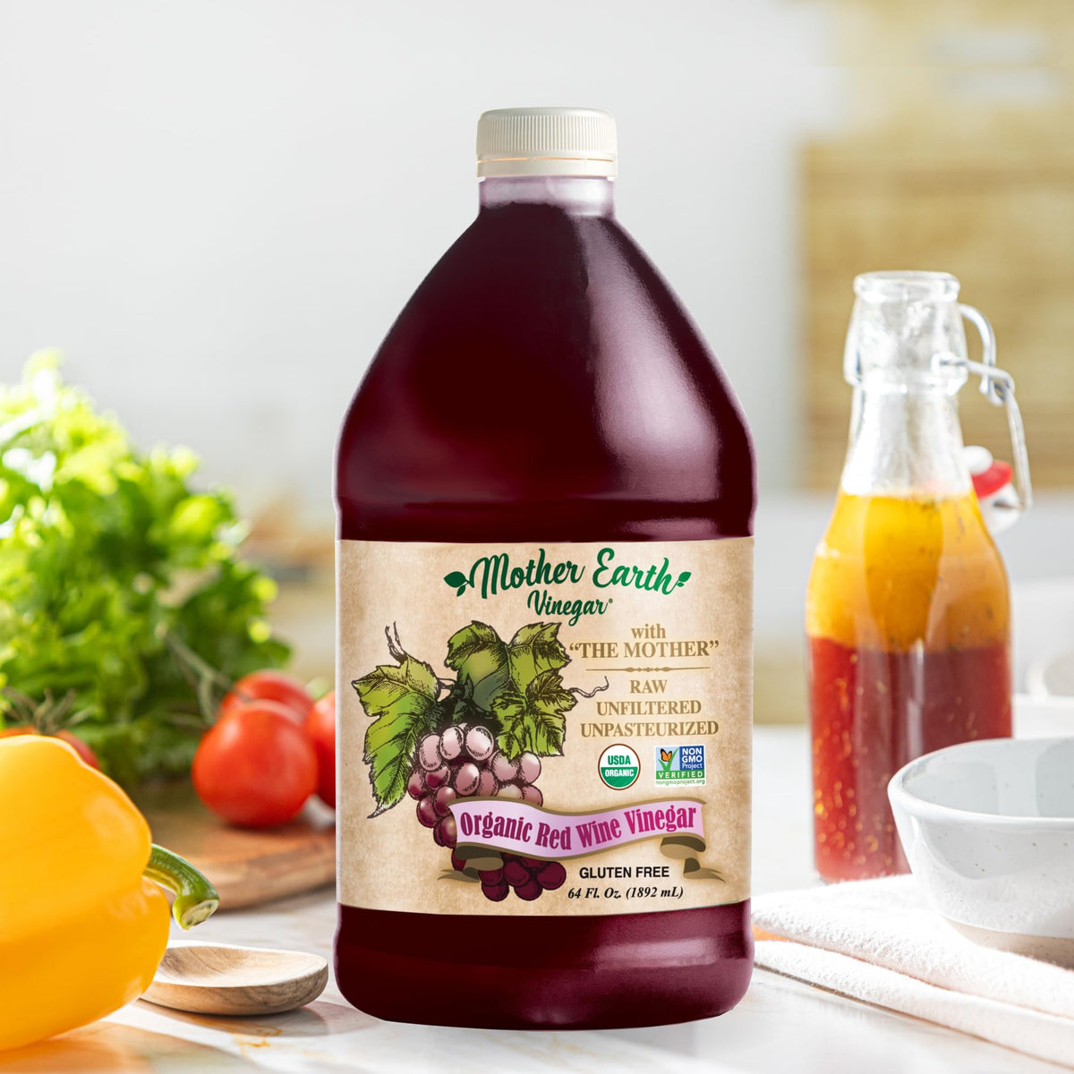 Mother Earth Organic Red Wine Vinegar with The Mother - Raw, Unfiltered, Unpasteurized