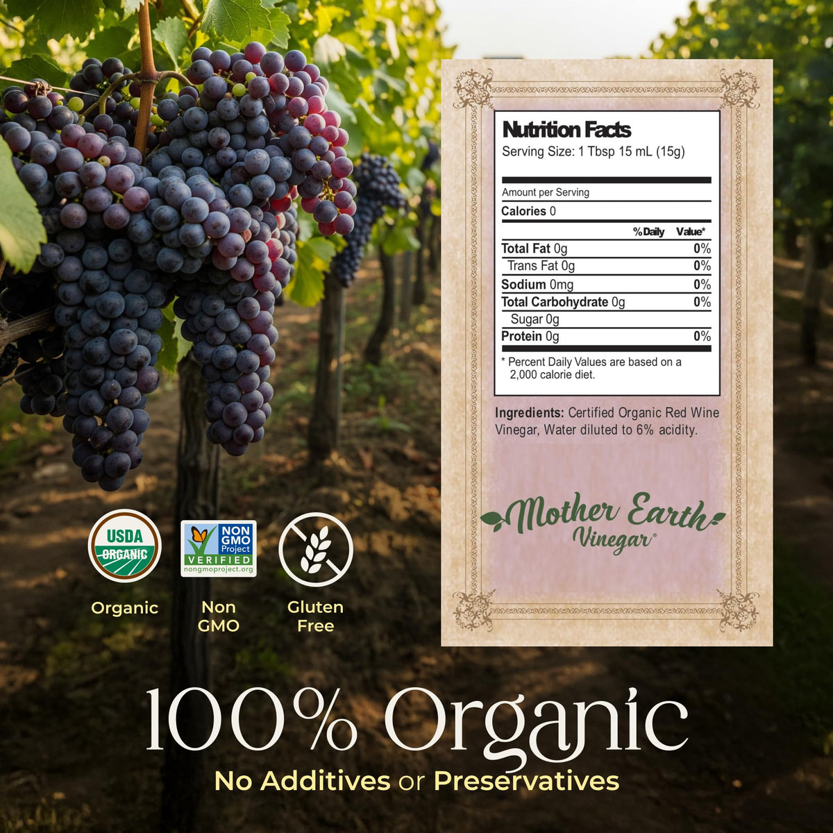 Mother Earth Organic Red Wine Vinegar with The Mother - Raw, Unfiltered, Unpasteurized