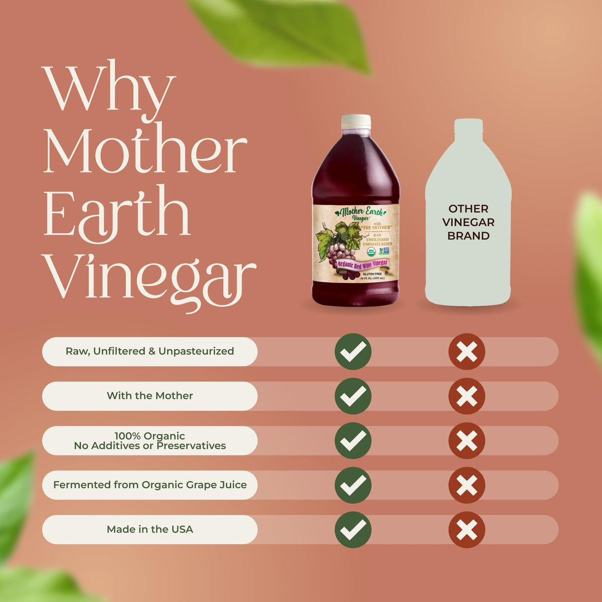 Mother Earth Organic Red Wine Vinegar with The Mother - Raw, Unfiltered, Unpasteurized