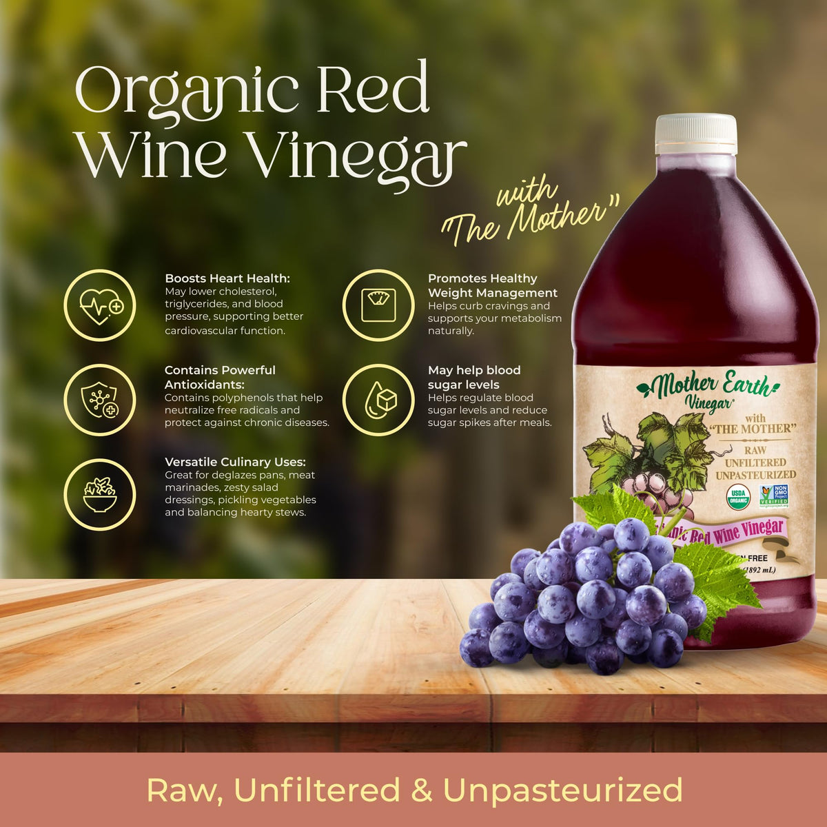 Mother Earth Organic Red Wine Vinegar with The Mother - Raw, Unfiltered, Unpasteurized