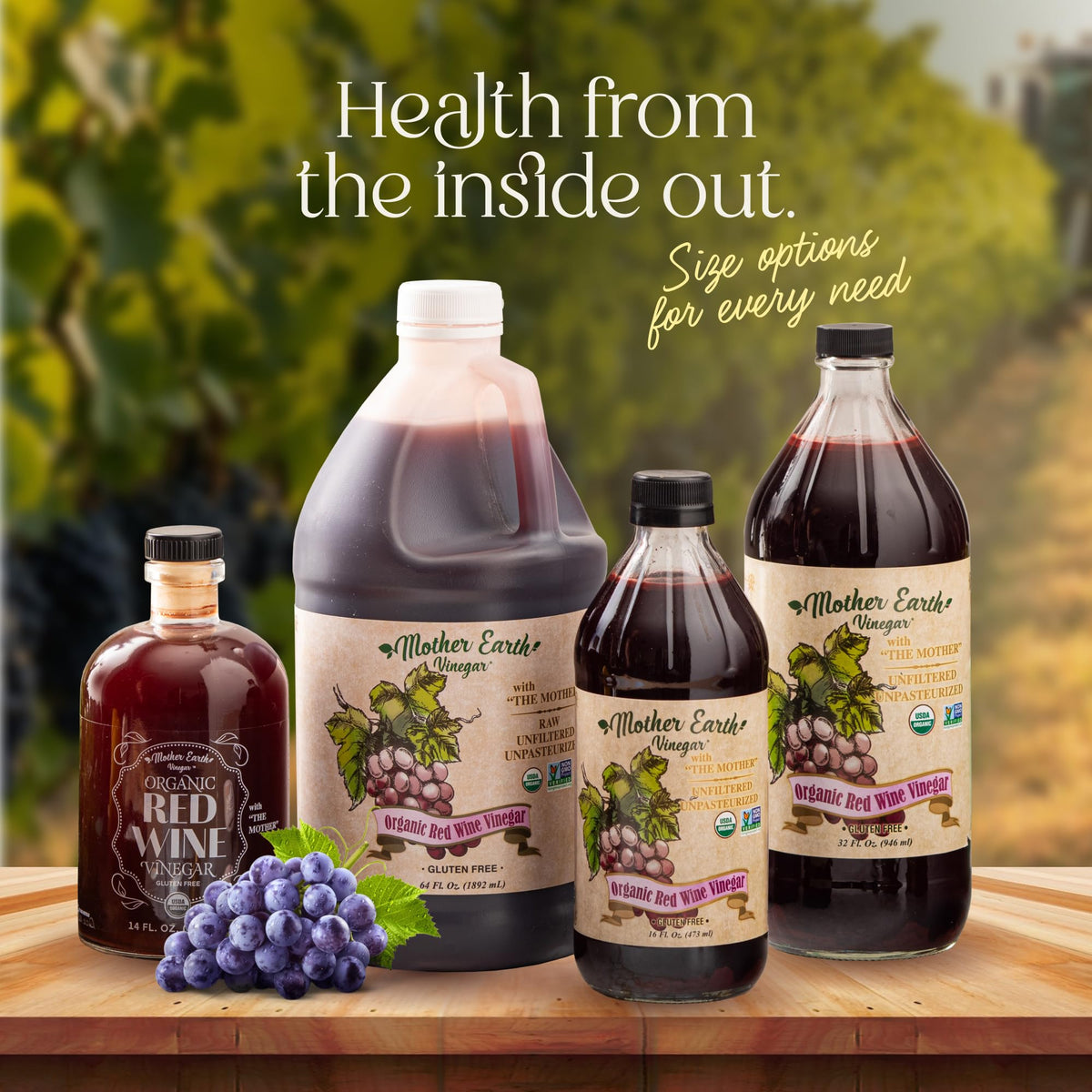 Mother Earth Organic Red Wine Vinegar with The Mother - Raw, Unfiltered, Unpasteurized