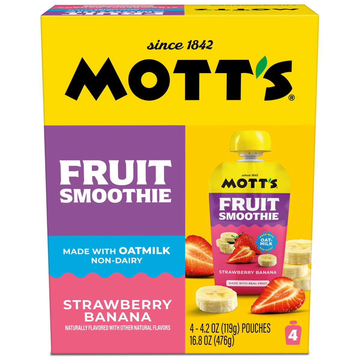 Mott’s Fruit Smoothies Strawberry Banana – Non-Dairy Oatmilk Pouches, 4.2 oz (24 ct)