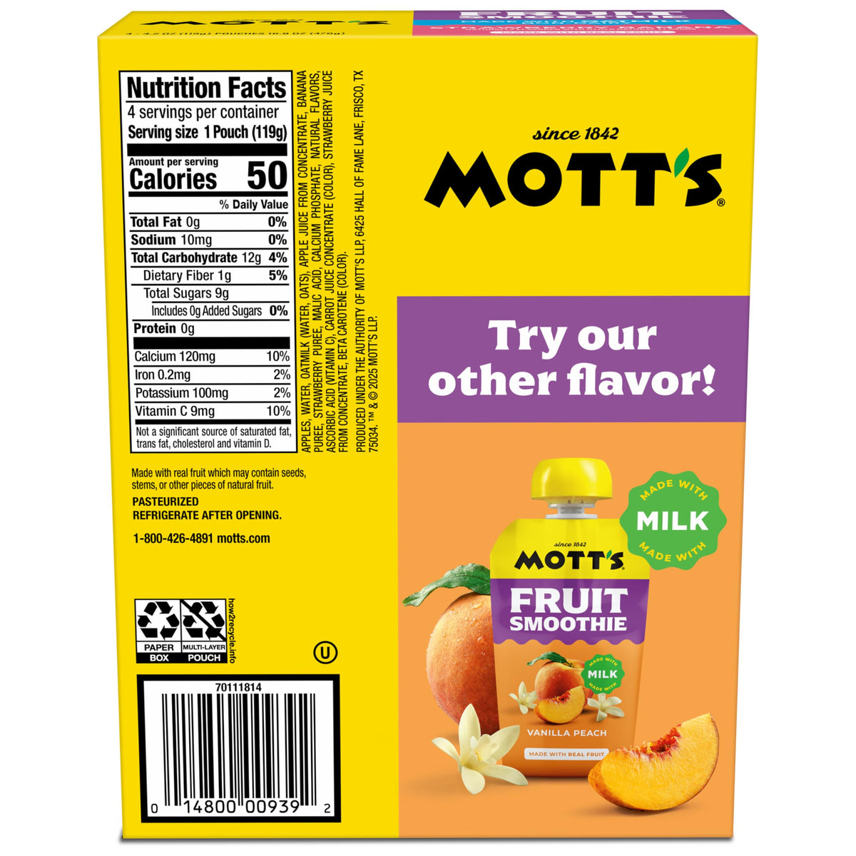 Mott’s Fruit Smoothies Strawberry Banana – Non-Dairy Oatmilk Pouches, 4.2 oz (24 ct)