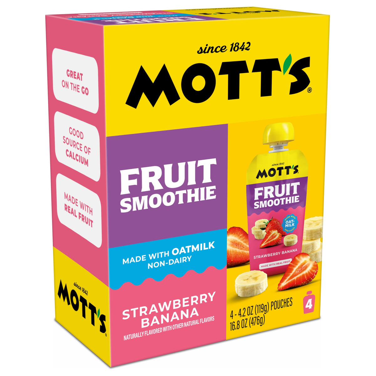Mott’s Fruit Smoothies Strawberry Banana – Non-Dairy Oatmilk Pouches, 4.2 oz (24 ct)