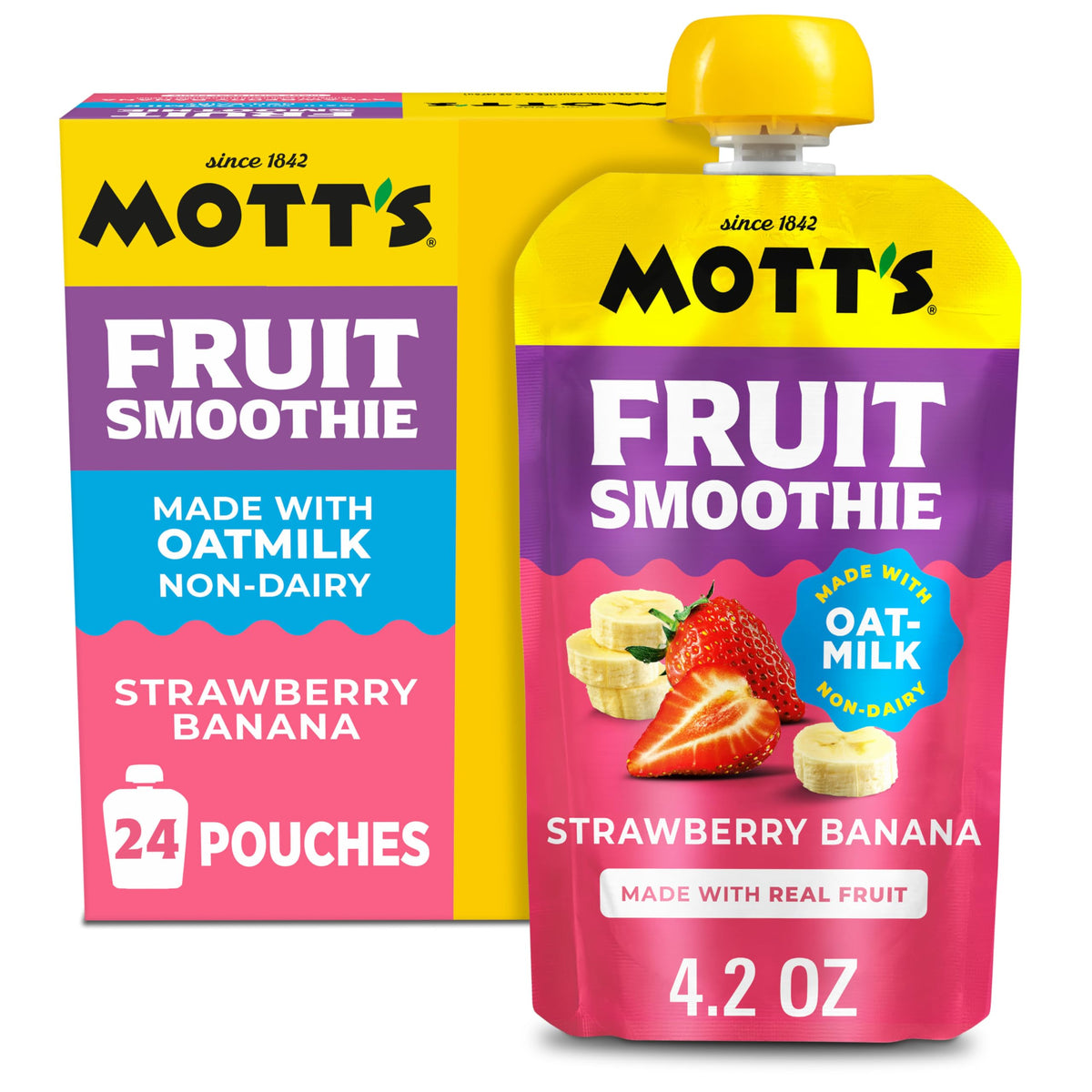 Mott’s Fruit Smoothies Strawberry Banana – Non-Dairy Oatmilk Pouches, 4.2 oz (24 ct)
