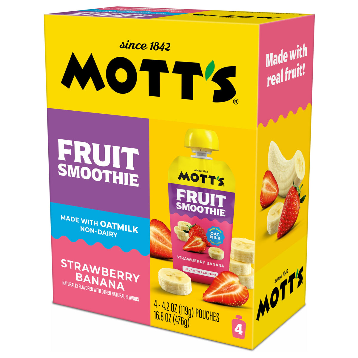 Mott’s Fruit Smoothies Strawberry Banana – Non-Dairy Oatmilk Pouches, 4.2 oz (24 ct)