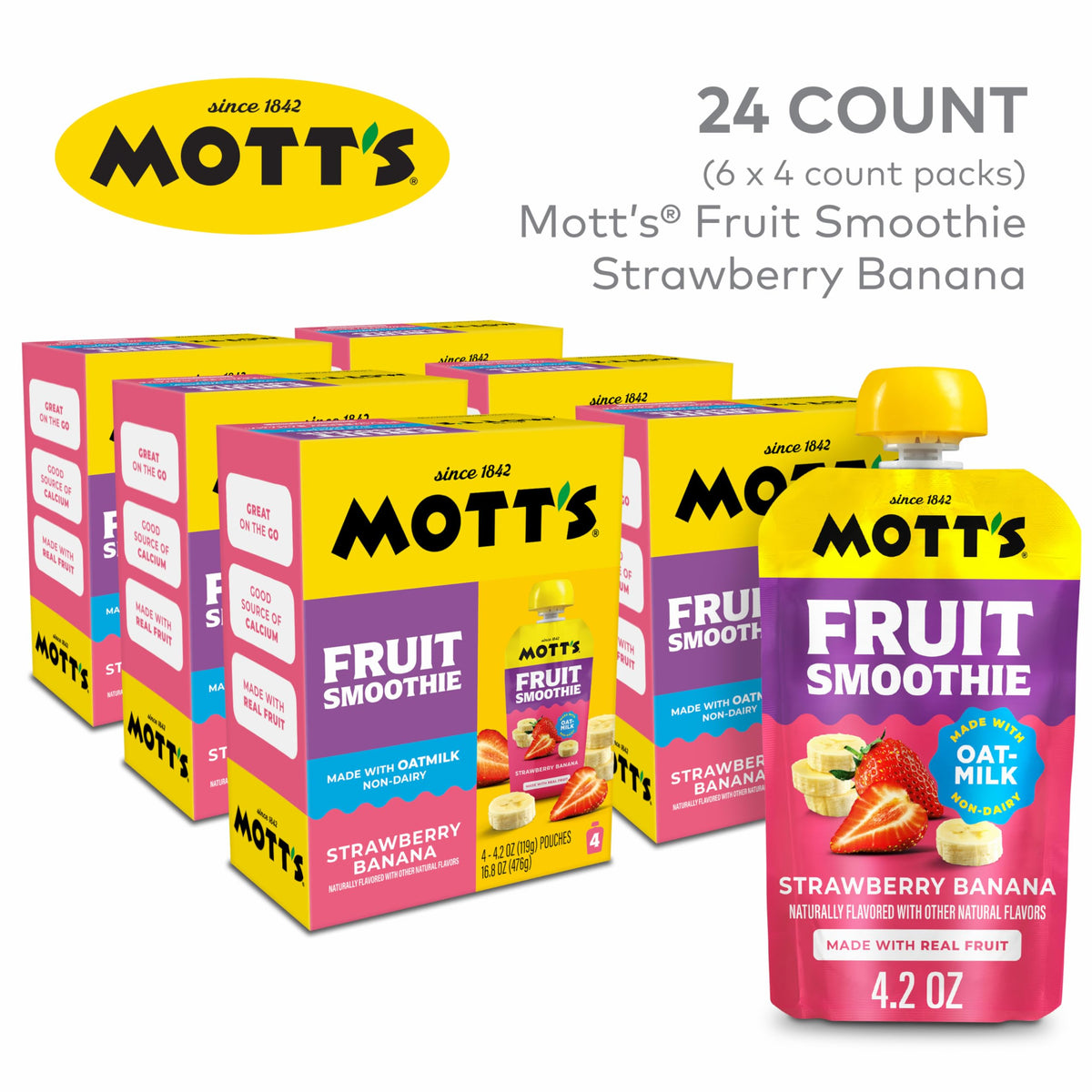 Mott’s Fruit Smoothies Strawberry Banana – Non-Dairy Oatmilk Pouches, 4.2 oz (24 ct)