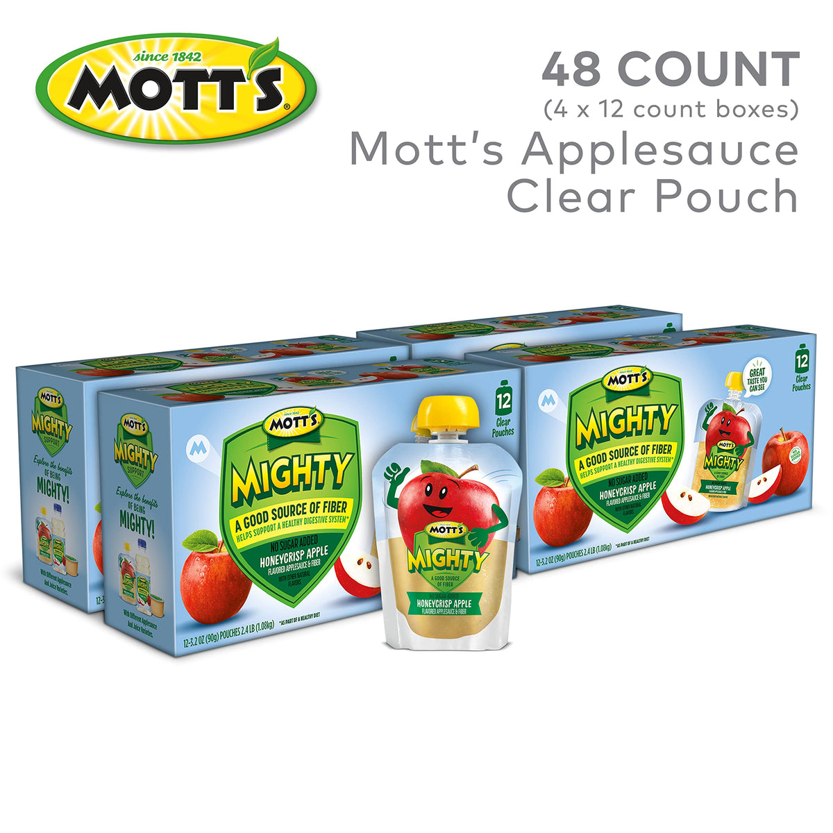 Mott's Mighty Honeycrisp Applesauce — No Sugar Added, Fiber, Gluten-Free, Kosher, 3.2 oz Pouches (48 Count)