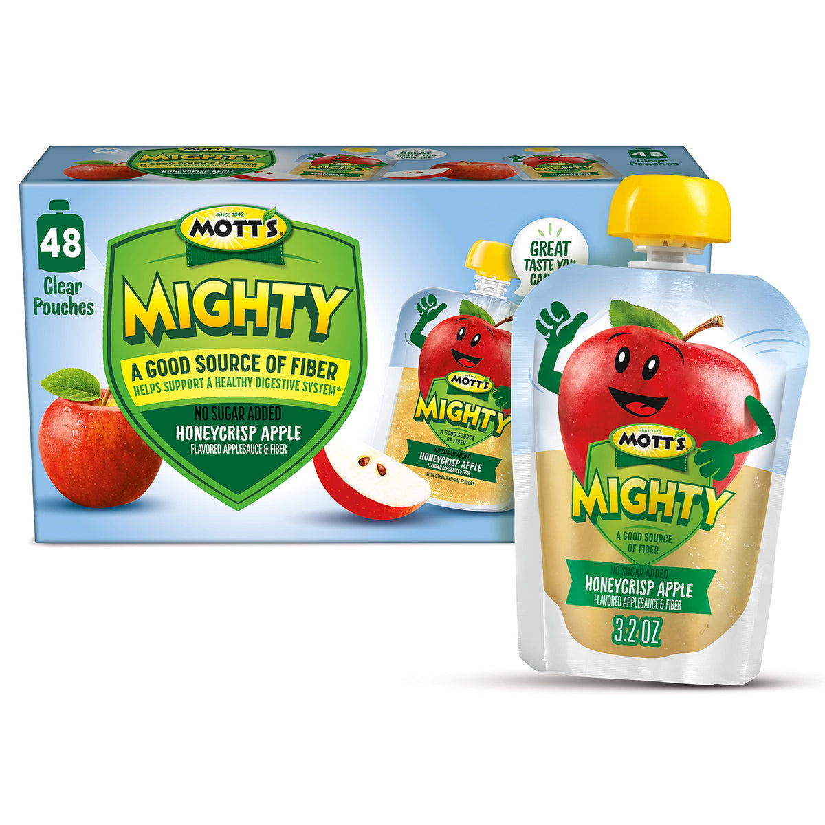 Mott's Mighty Honeycrisp Applesauce — No Sugar Added, Fiber, Gluten-Free, Kosher, 3.2 oz Pouches (48 Count)