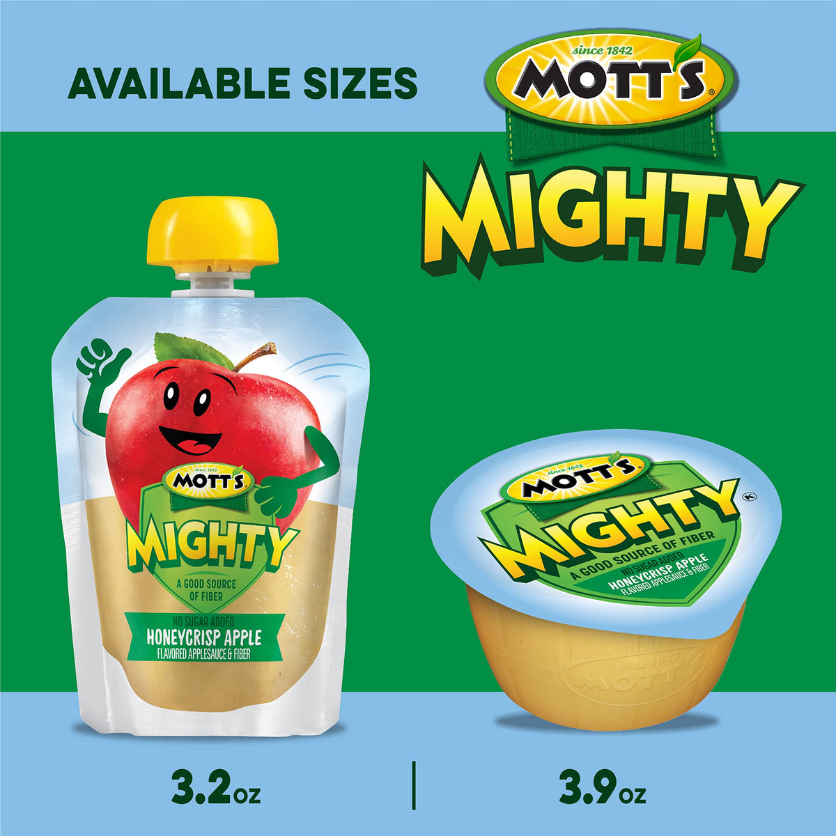 Mott's Mighty Honeycrisp Applesauce — No Sugar Added, Fiber, Gluten-Free, Kosher, 3.2 oz Pouches (48 Count)