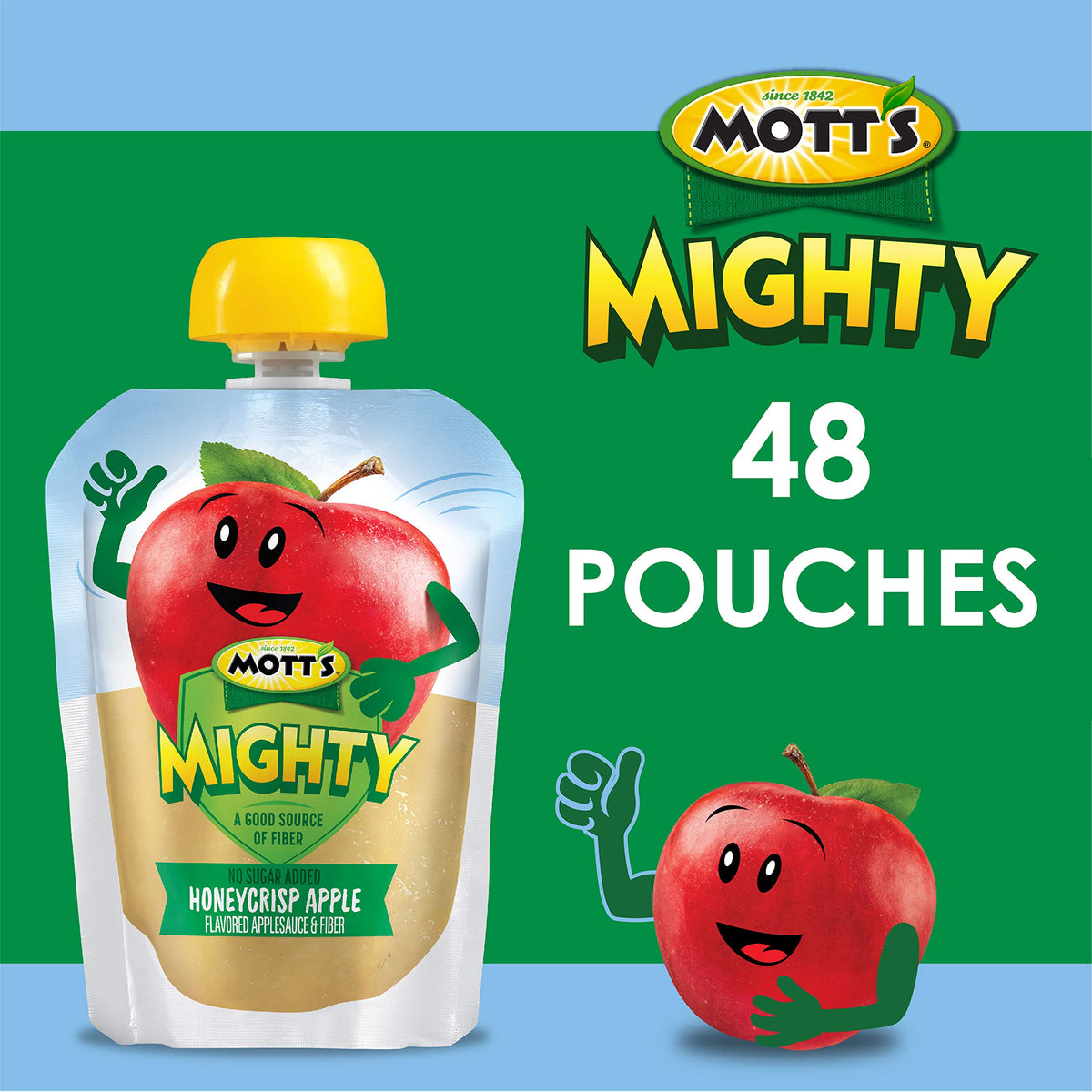 Mott's Mighty Honeycrisp Applesauce — No Sugar Added, Fiber, Gluten-Free, Kosher, 3.2 oz Pouches (48 Count)