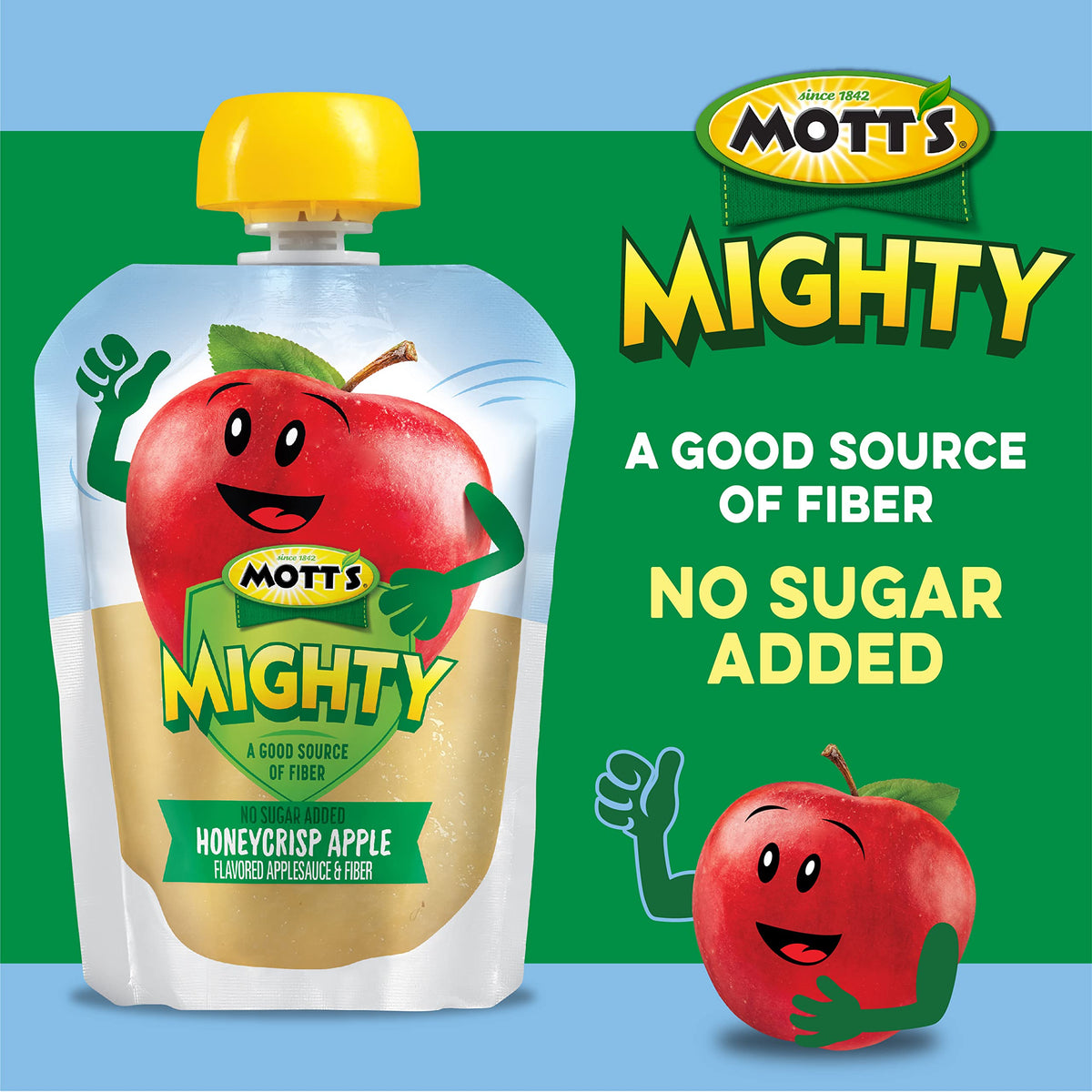 Mott's Mighty Honeycrisp Applesauce — No Sugar Added, Fiber, Gluten-Free, Kosher, 3.2 oz Pouches (48 Count)