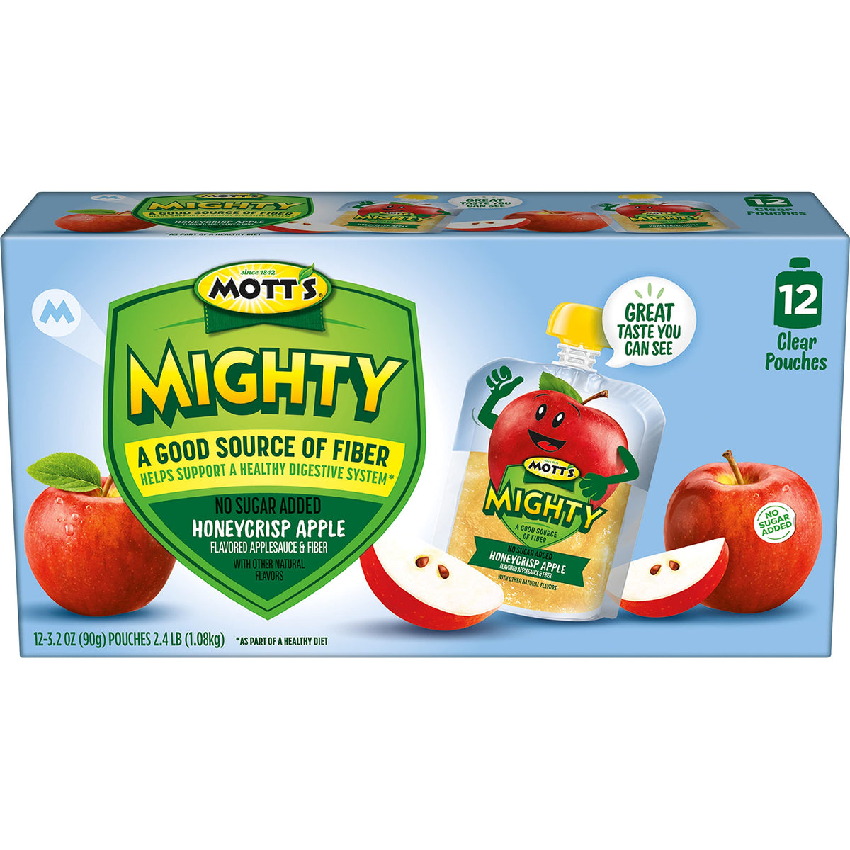 Mott's Mighty Honeycrisp Applesauce — No Sugar Added, Fiber, Gluten-Free, Kosher, 3.2 oz Pouches (48 Count)