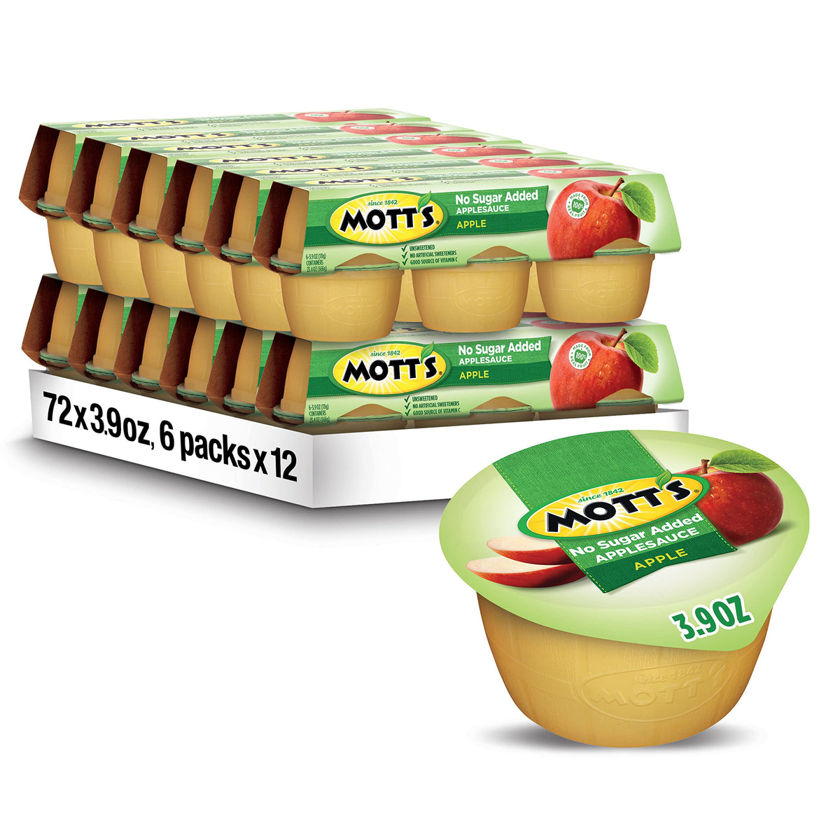 Mott's No Sugar Added Applesauce Cups – 3.9 oz, 72-count, Vitamin C