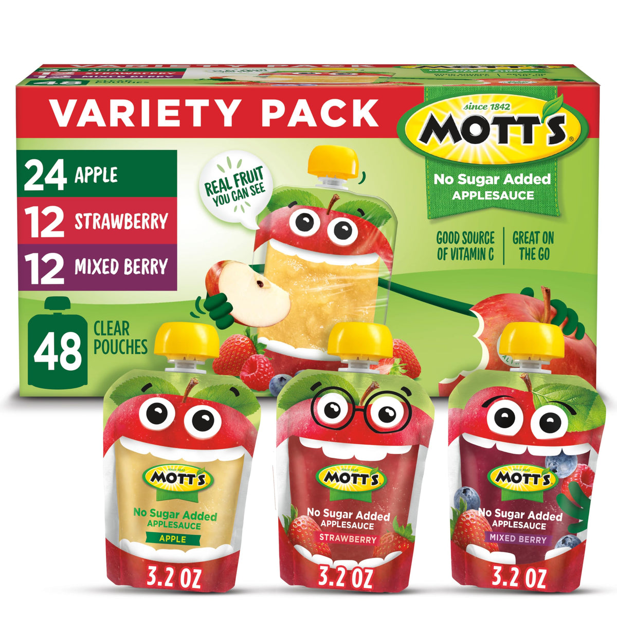 Mott’s No Sugar Added Applesauce Variety Pack – 48 Count (4 Packs of 12)