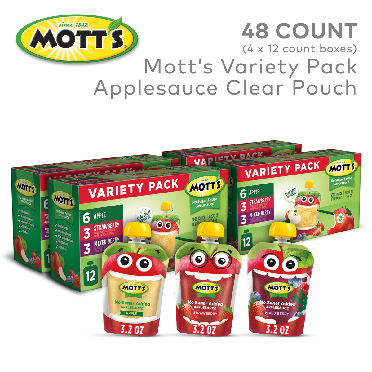 Mott’s No Sugar Added Applesauce Variety Pack – 48 Count (4 Packs of 12)