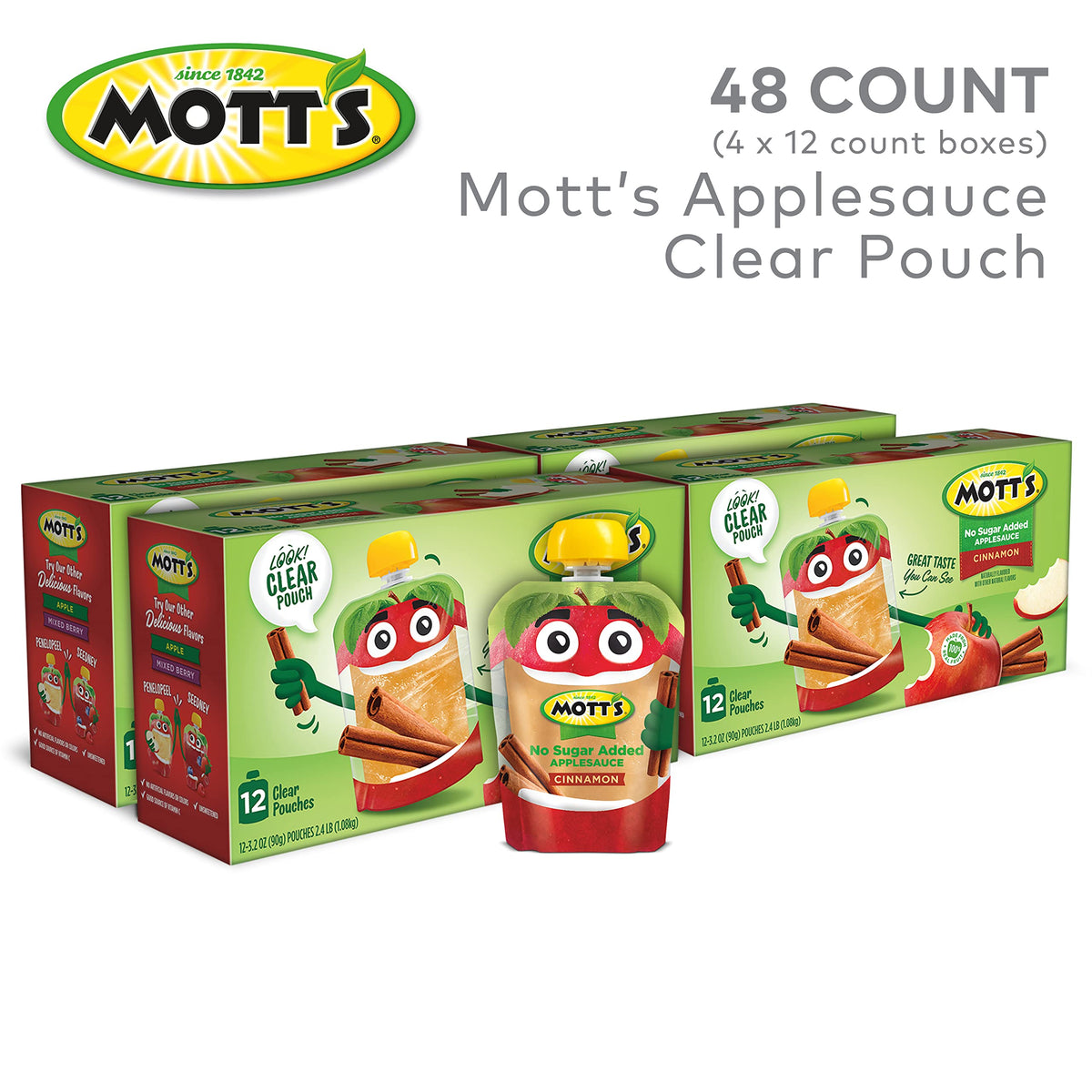 Mott's No Sugar Added Cinnamon Applesauce Pouches – 3.2 oz, 48 Count, No Artificial Flavors