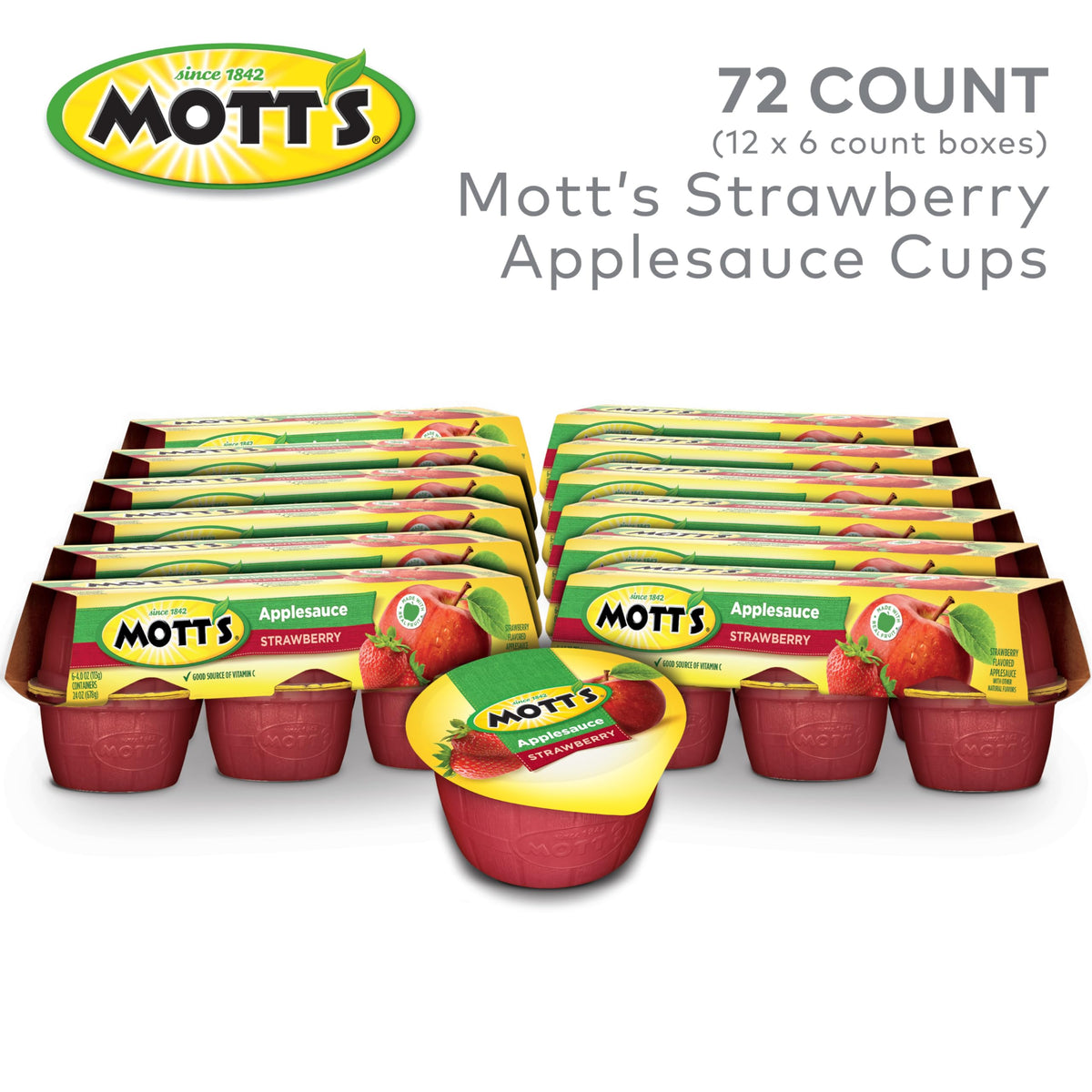 Mott's Strawberry Applesauce 4 oz Cups – 72 Count (12 Packs) | No Artificial Flavors, Vitamin C