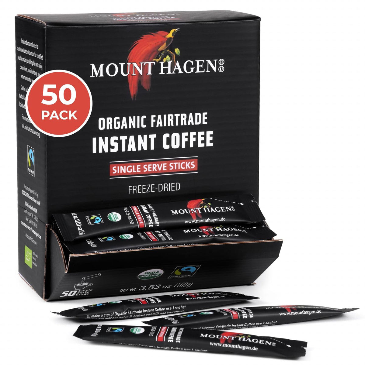 Mount Hagen Dispenser Box – 50 Organic Instant Coffee Packets, Medium Roast