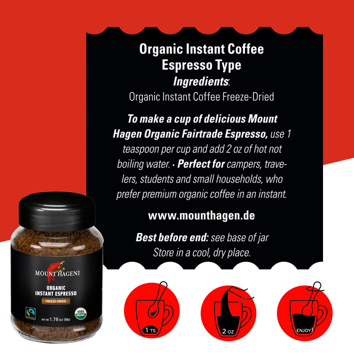 Mount Hagen Instant Espresso Coffee 3-Pack – Organic Fair Trade Freeze-Dried Arabica