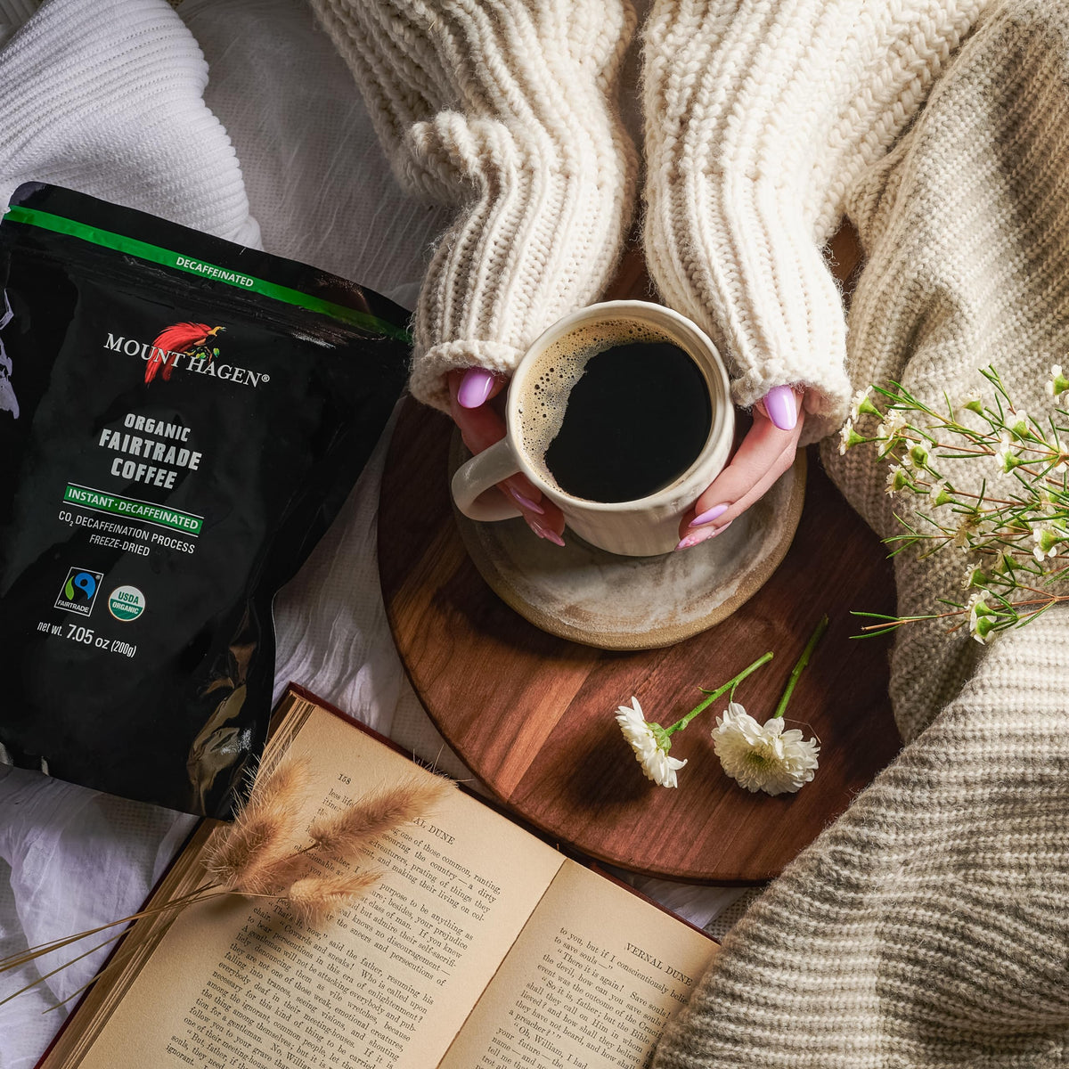Mount Hagen 7.05oz Organic Freeze-Dried Instant Decaf Coffee – Fair-Trade, Arabica, Resealable Pouch