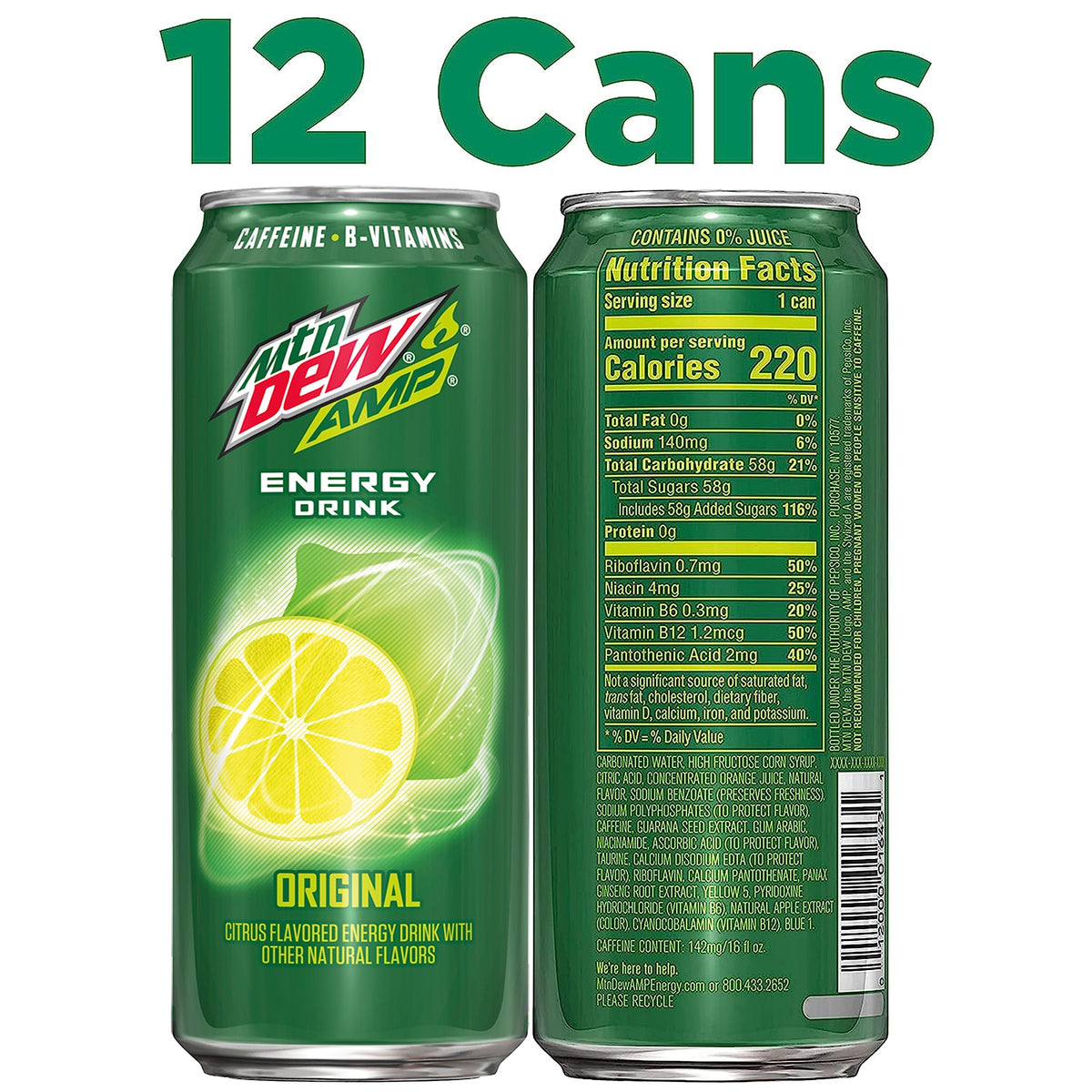 Mountain Dew AMP Energy Original – 16 oz Can, 12 Pack (Packaging May Vary) with Caffeine and B Vitamins