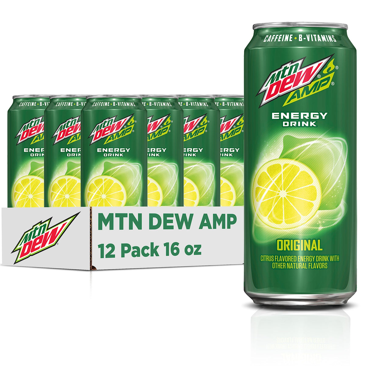 Mountain Dew AMP Energy Original – 16 oz Can, 12 Pack (Packaging May Vary) with Caffeine and B Vitamins