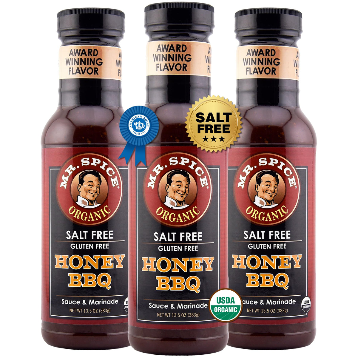 Mr. Spice Organic Honey BBQ Sauce – Salt-Free, Gluten-Free, Low Sodium (5 mg/serving) – Pack of 3