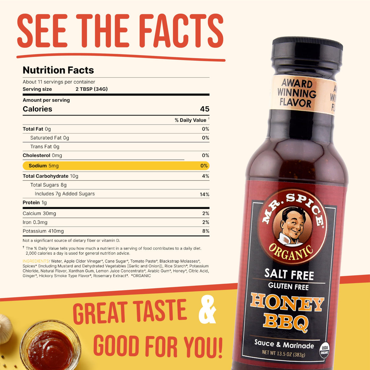 Mr. Spice Organic Honey BBQ Sauce – Salt-Free, Gluten-Free, Low Sodium (5 mg/serving) – Pack of 3