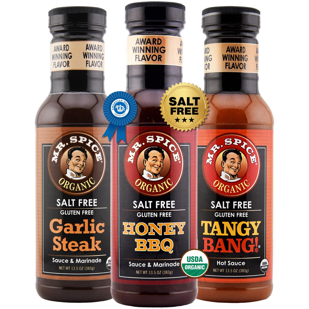 Mr. Spice Original 3 Pack – Organic Salt-Free Honey BBQ, Garlic Steak & Tangy Bang Sauces | Gluten Free, Low Sodium Marinades