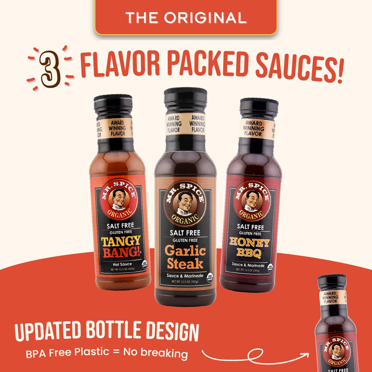 Mr. Spice Original 3 Pack – Organic Salt-Free Honey BBQ, Garlic Steak & Tangy Bang Sauces | Gluten Free, Low Sodium Marinades