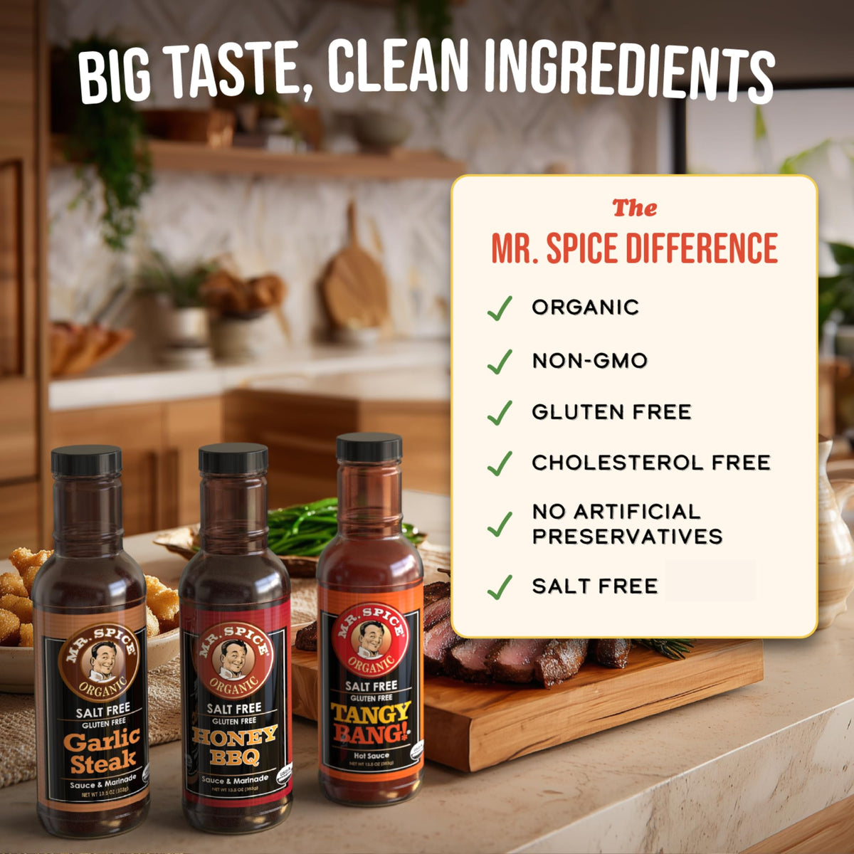 Mr. Spice Original 3 Pack – Organic Salt-Free Honey BBQ, Garlic Steak & Tangy Bang Sauces | Gluten Free, Low Sodium Marinades