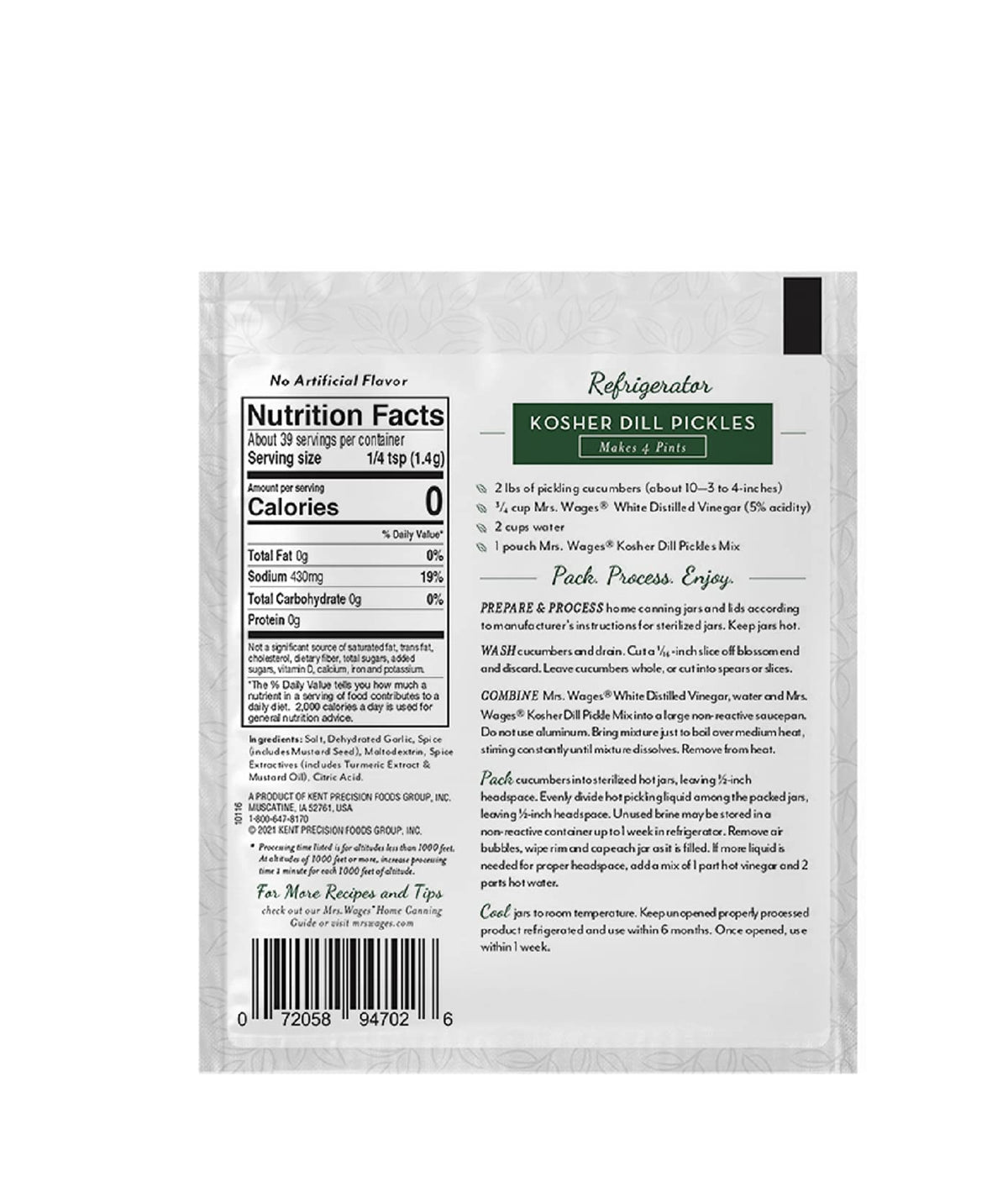 Mrs. Wages Kosher Dill Pickles Refrigerator Mix | 12-Pack 1.94 oz Pouches | Quick & Easy