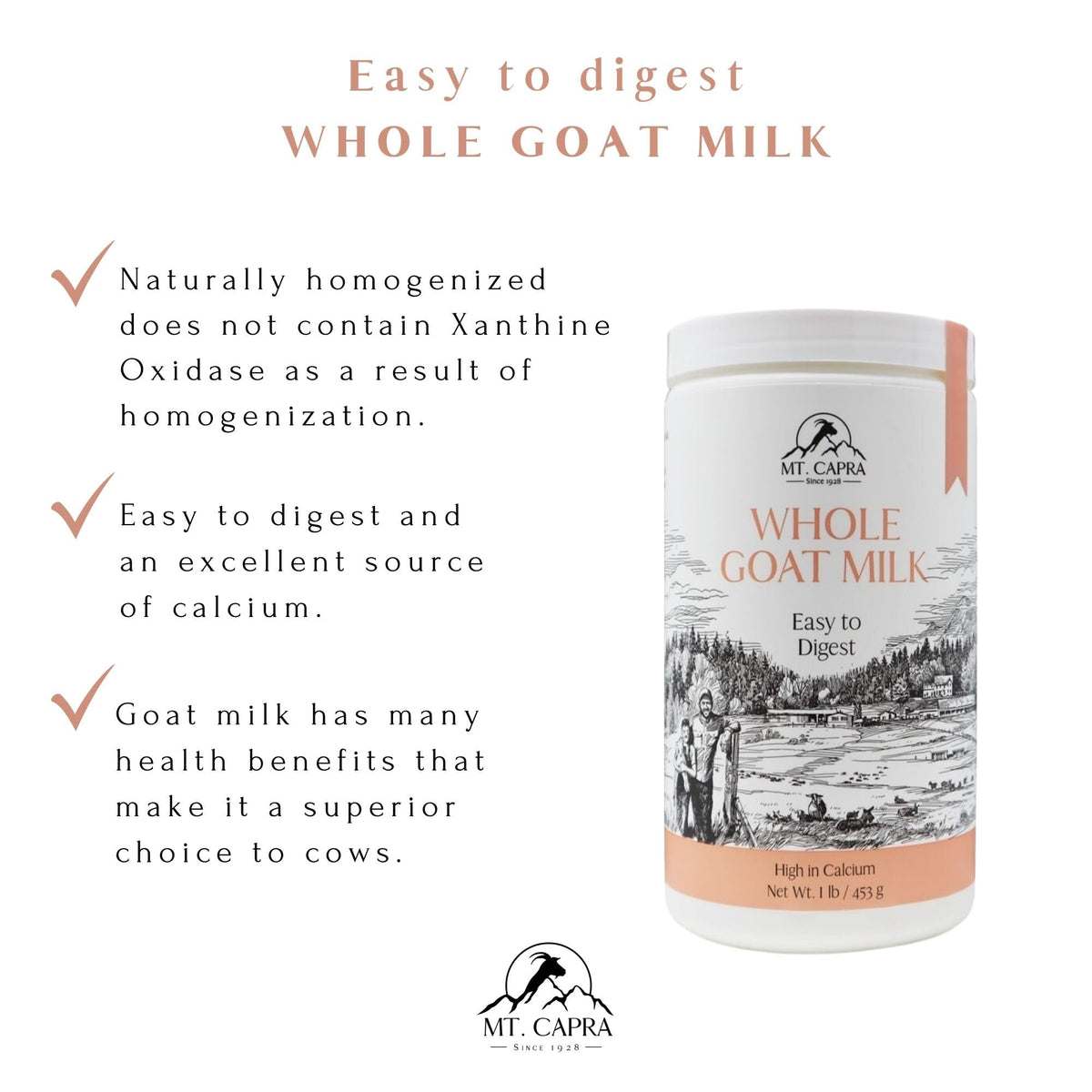 Mt Capra Whole Goat Milk Powder — Non-GMO, Grass-Fed, Easy to Digest | 1 lb, 16 Servings