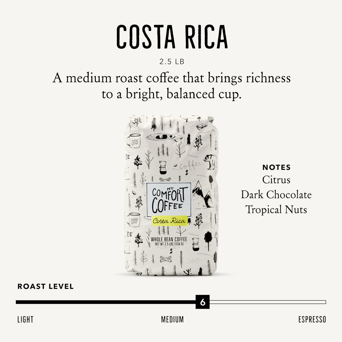 Mt. Comfort Coffee Costa Rica Medium Roast, 2.5 lb – Whole Bean, Sourced from Local Costa Rican Farms