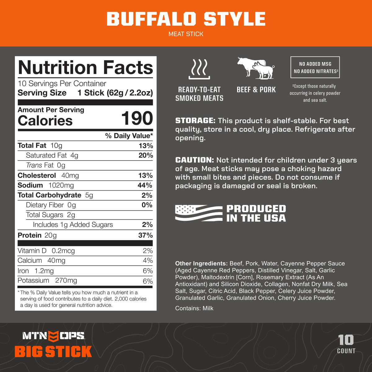 MTN OPS Big Stick Buffalo Style High Protein Meat Sticks – 20g Protein, 10% Collagen, 10 Count