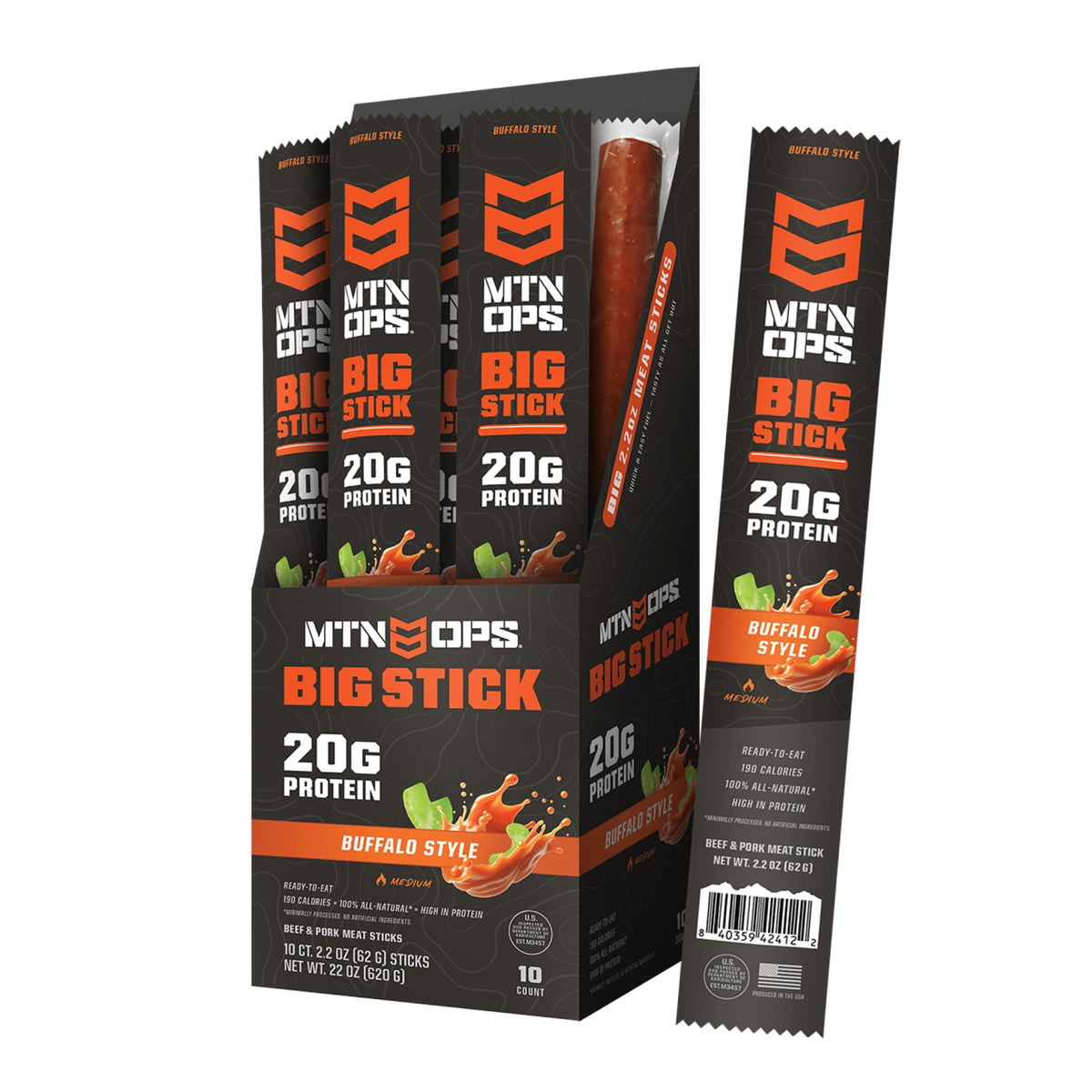 MTN OPS Big Stick Buffalo Style High Protein Meat Sticks – 20g Protein, 10% Collagen, 10 Count