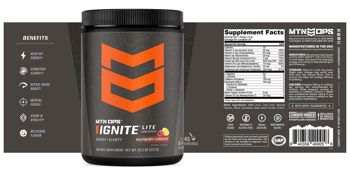 MTN OPS Ignite Lite Sugar Free Energy Drink Powder — 100 mg Caffeine, Nootropic Blend, Raspberry Lemonade, 45 Servings