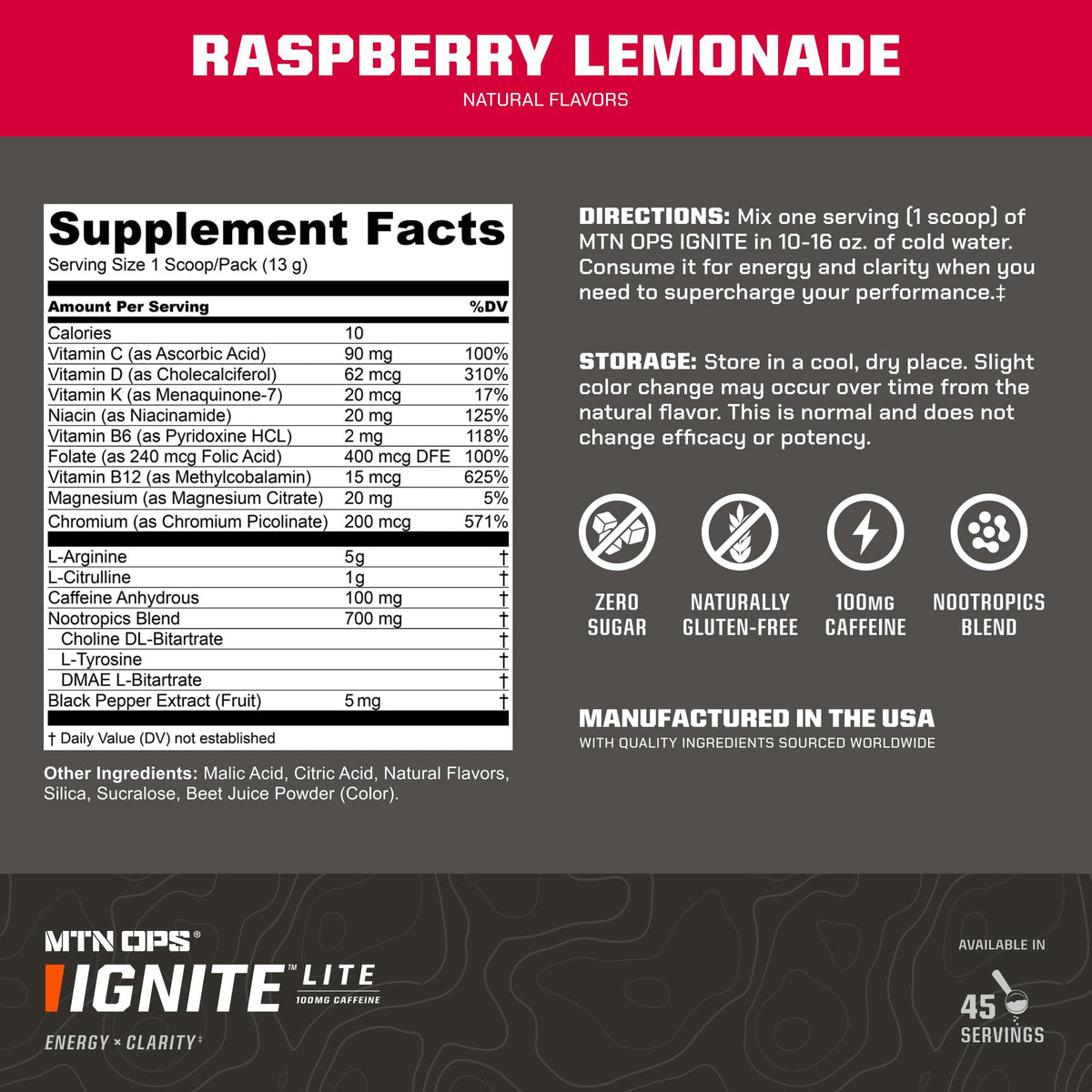 MTN OPS Ignite Lite Sugar Free Energy Drink Powder — 100 mg Caffeine, Nootropic Blend, Raspberry Lemonade, 45 Servings