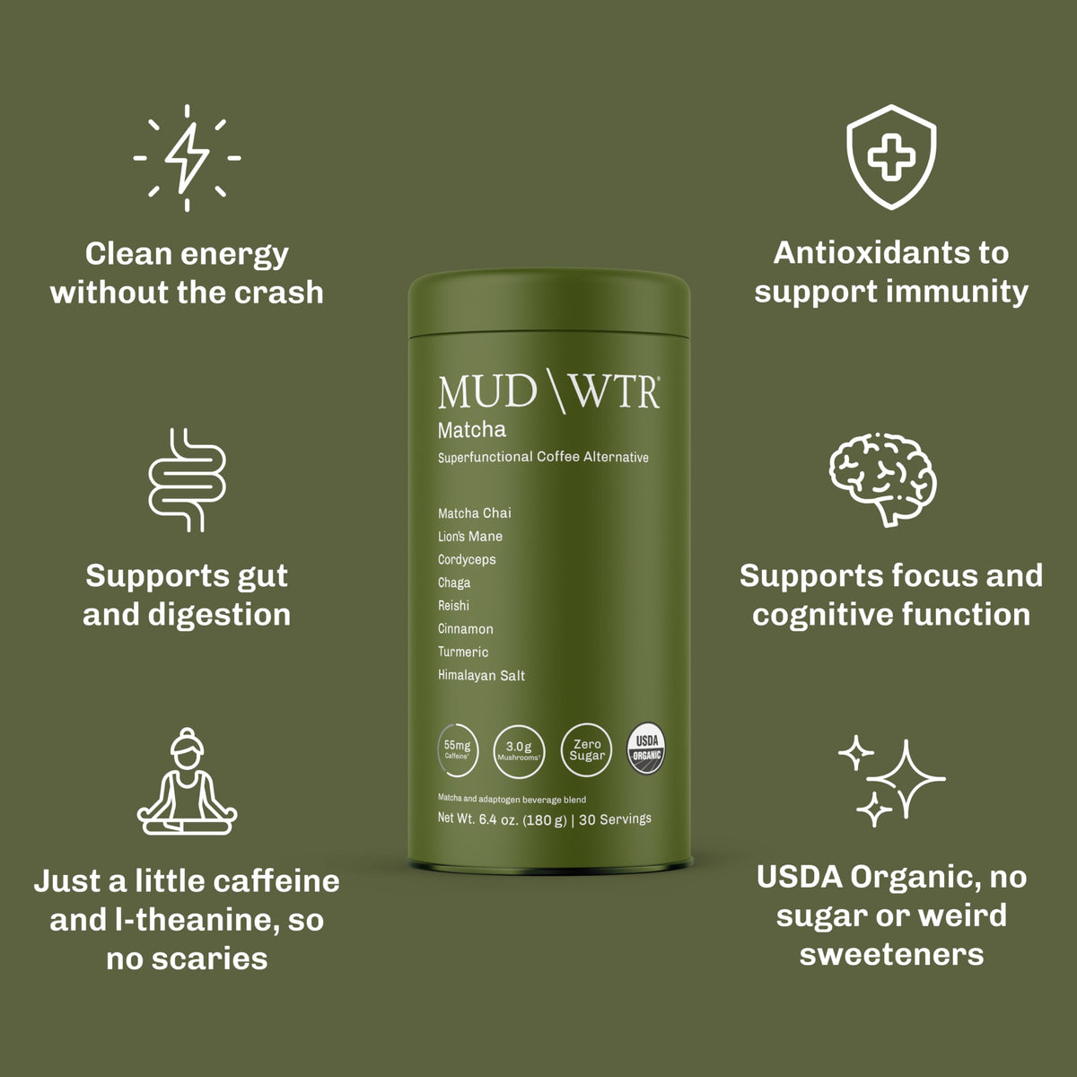 MUDWTR Mushroom Matcha Powder | 3,000mg Adaptogenic Mushrooms | USDA Organic Japanese Matcha | 30 Servings