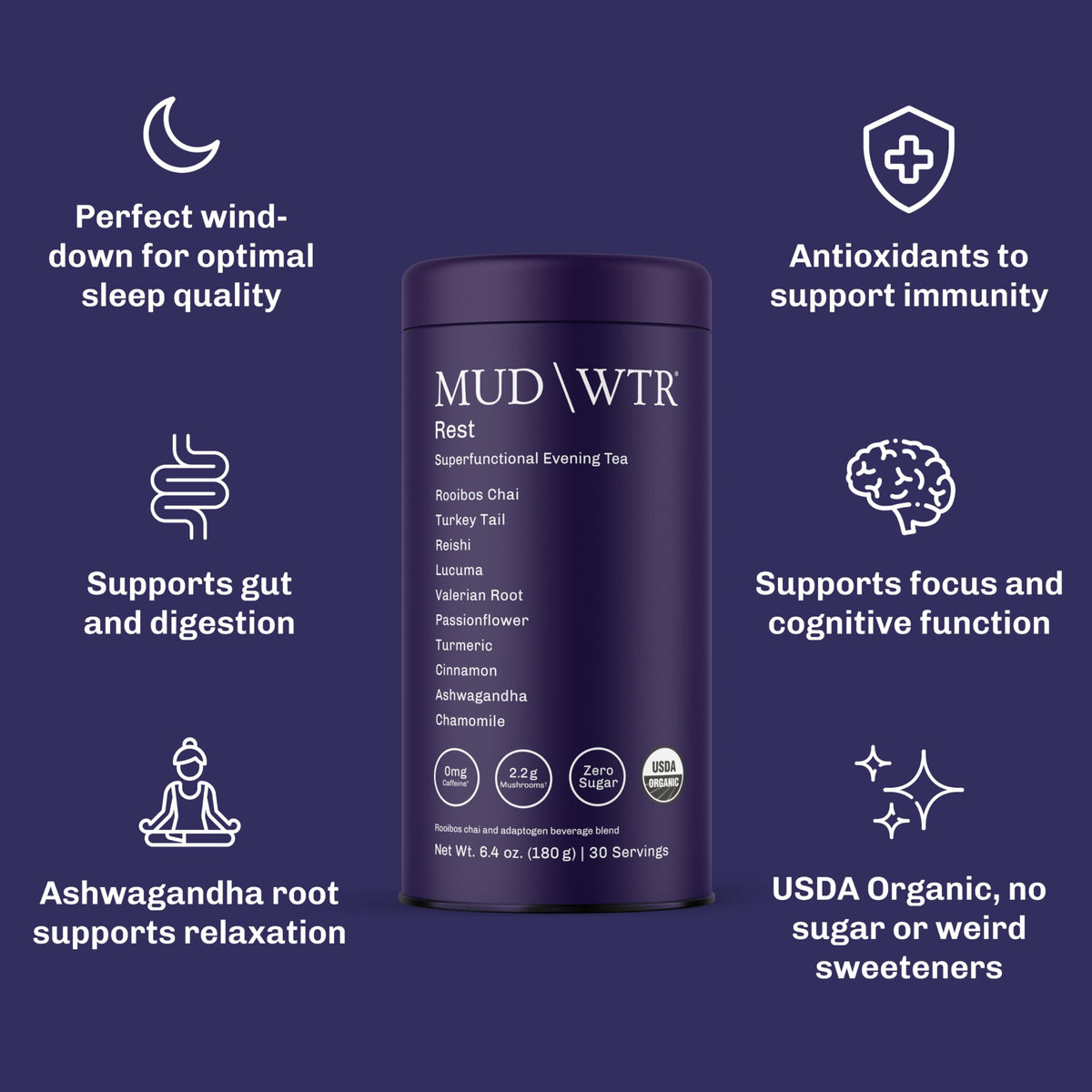 MUDWTR Rest Evening Mushroom Blend Powder – 2,240mg Mushrooms, Sleep Support, 30 Servings